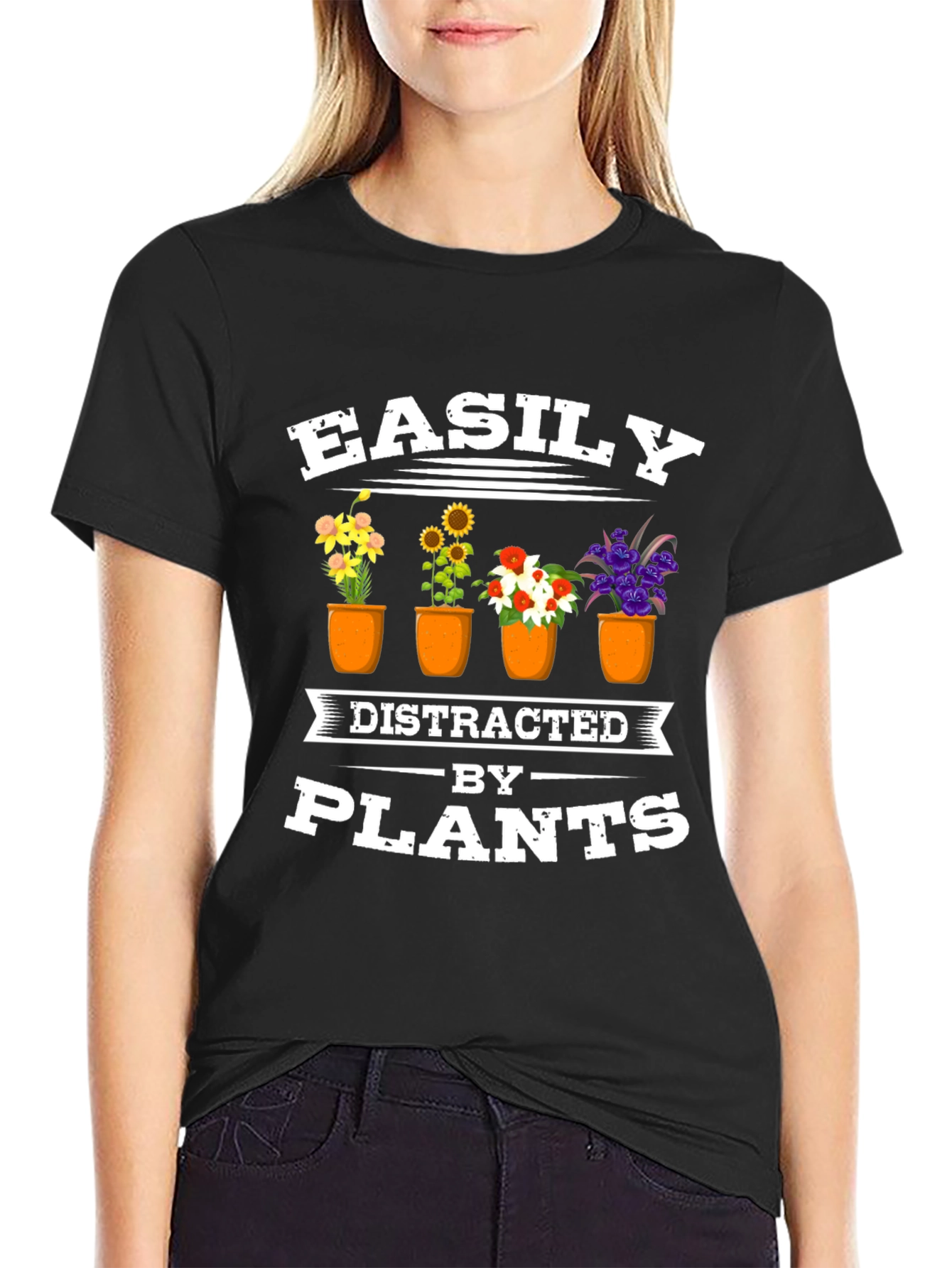 Black Easily Distracted by Plants Black T-Shirt view 2