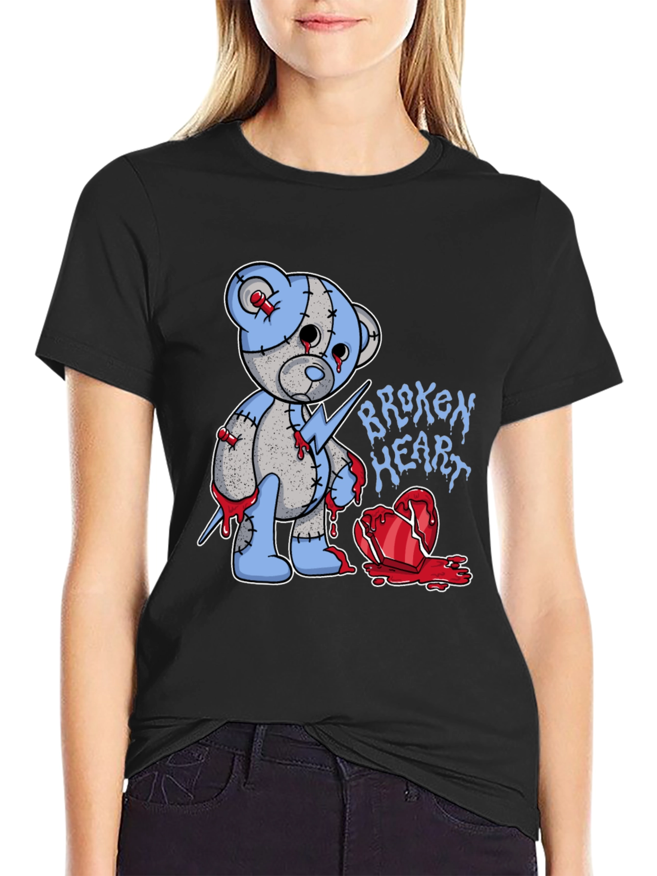 Black Broken Heart Teddy Bear Graphic Tee view 2
