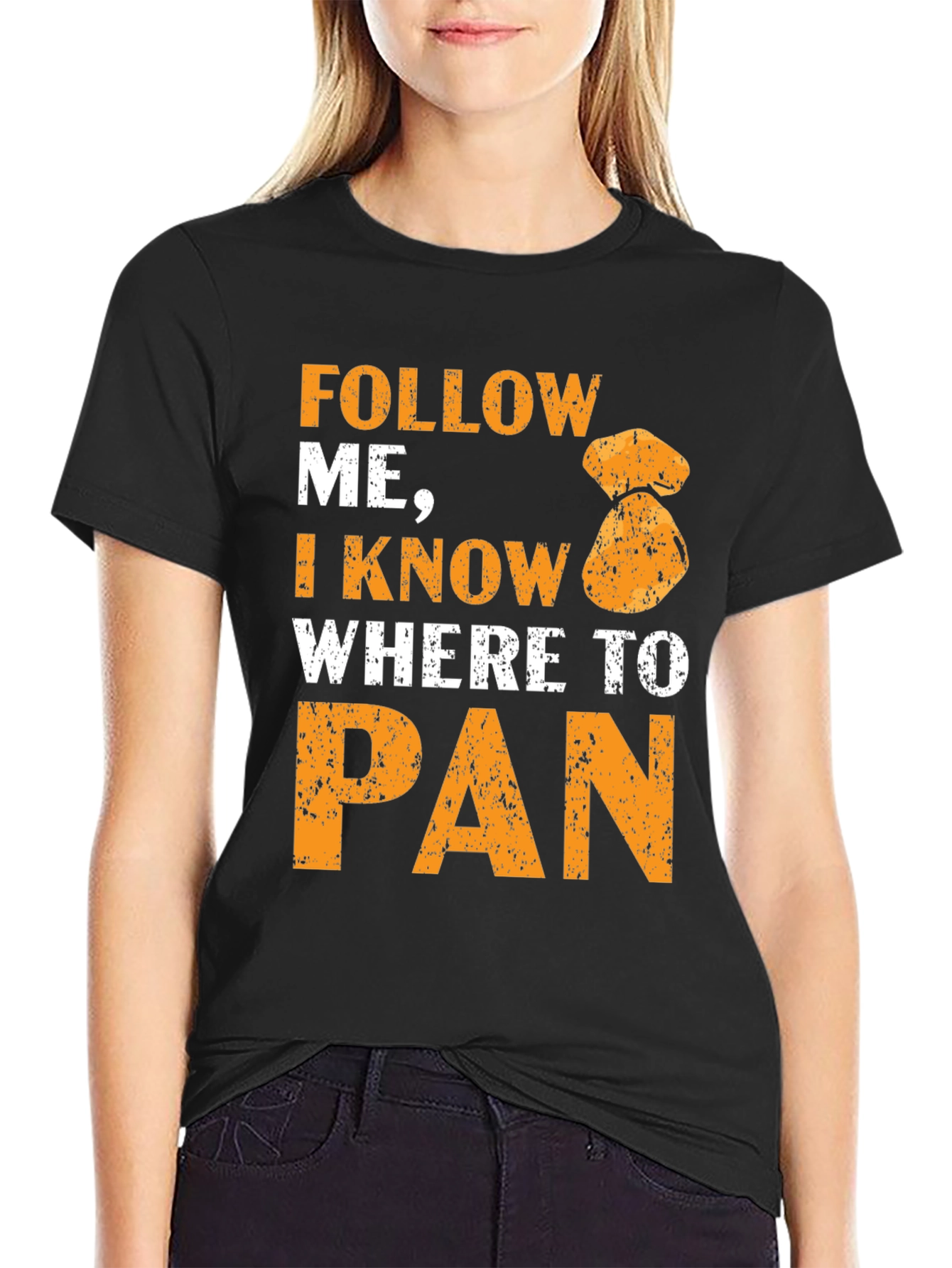 Black Follow Me I Know Where To Pan T-Shirt Gold Panning view 2