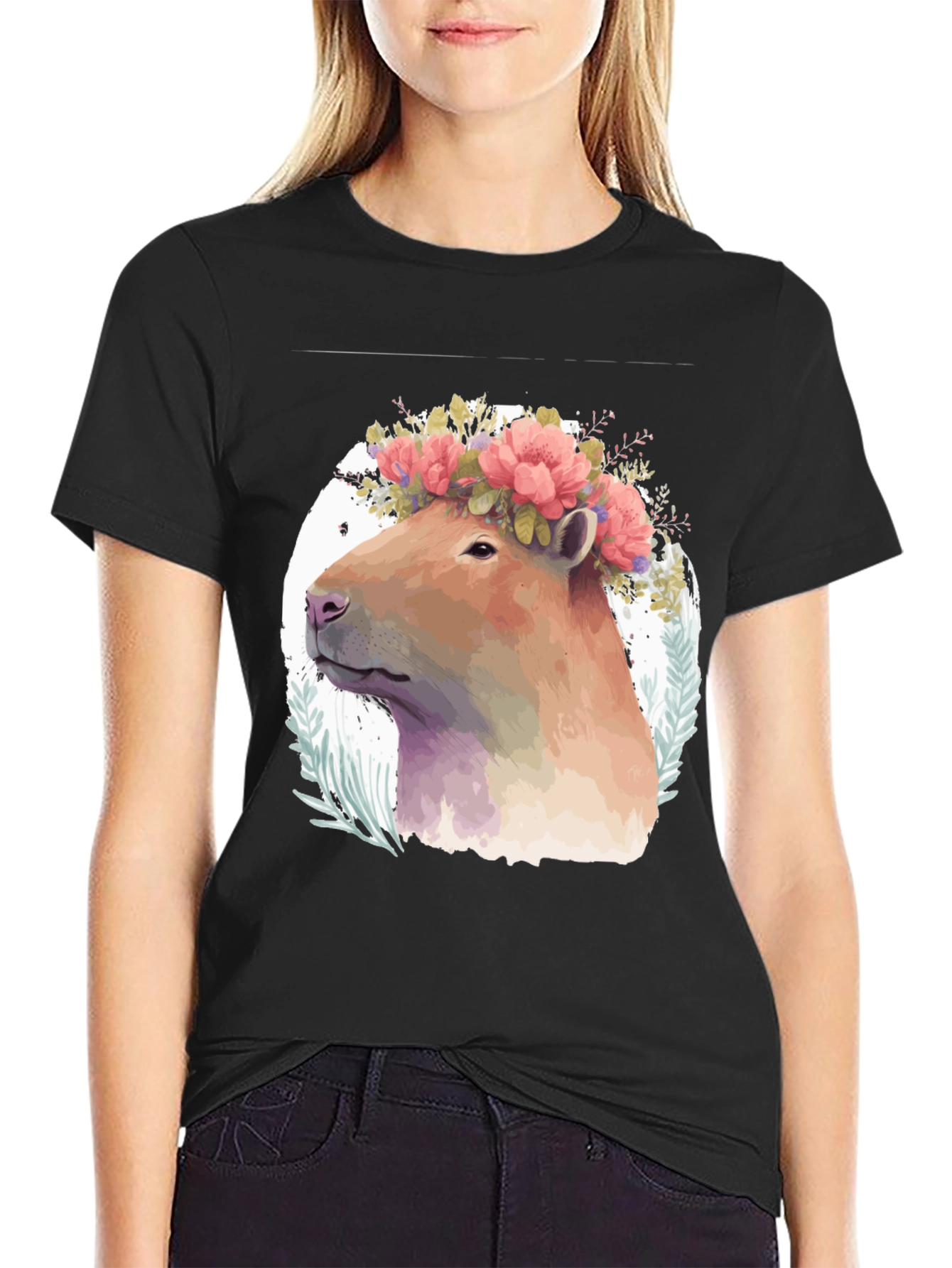 Black Capybara Floral Crown T-Shirt - Unique Graphic Tee view 2