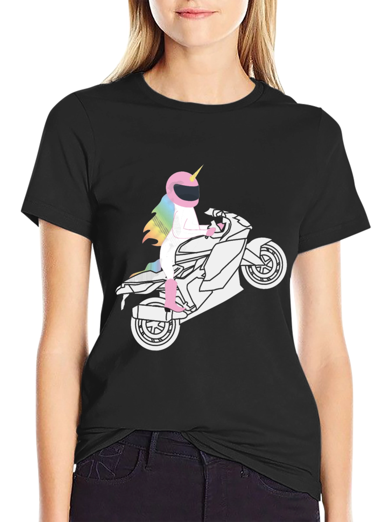 Black Unicorn Motorcycle Graphic Tee - Black Cotton view 2