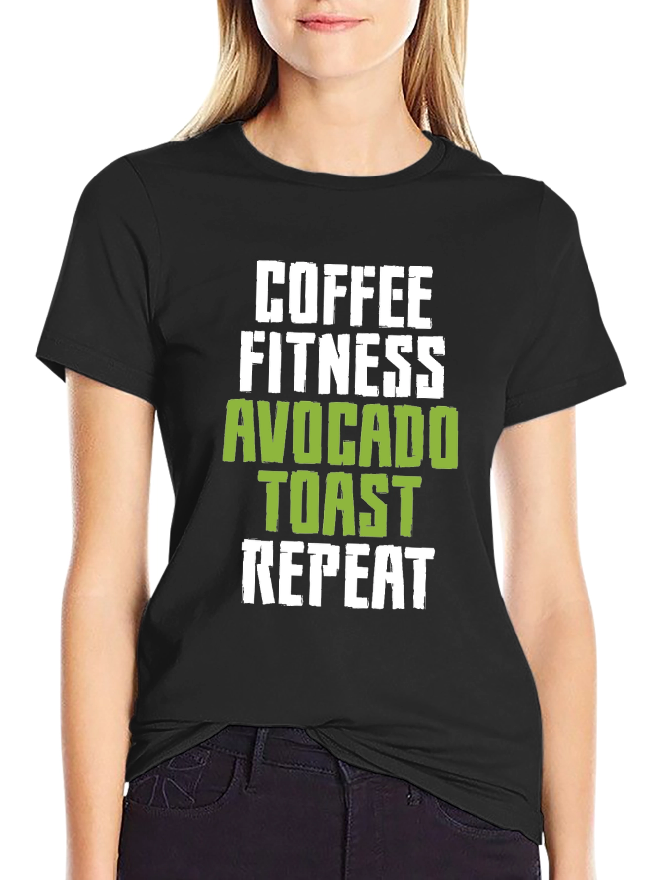 Black Coffee Fitness Avocado Toast Repeat Black Graphic Tee view 2