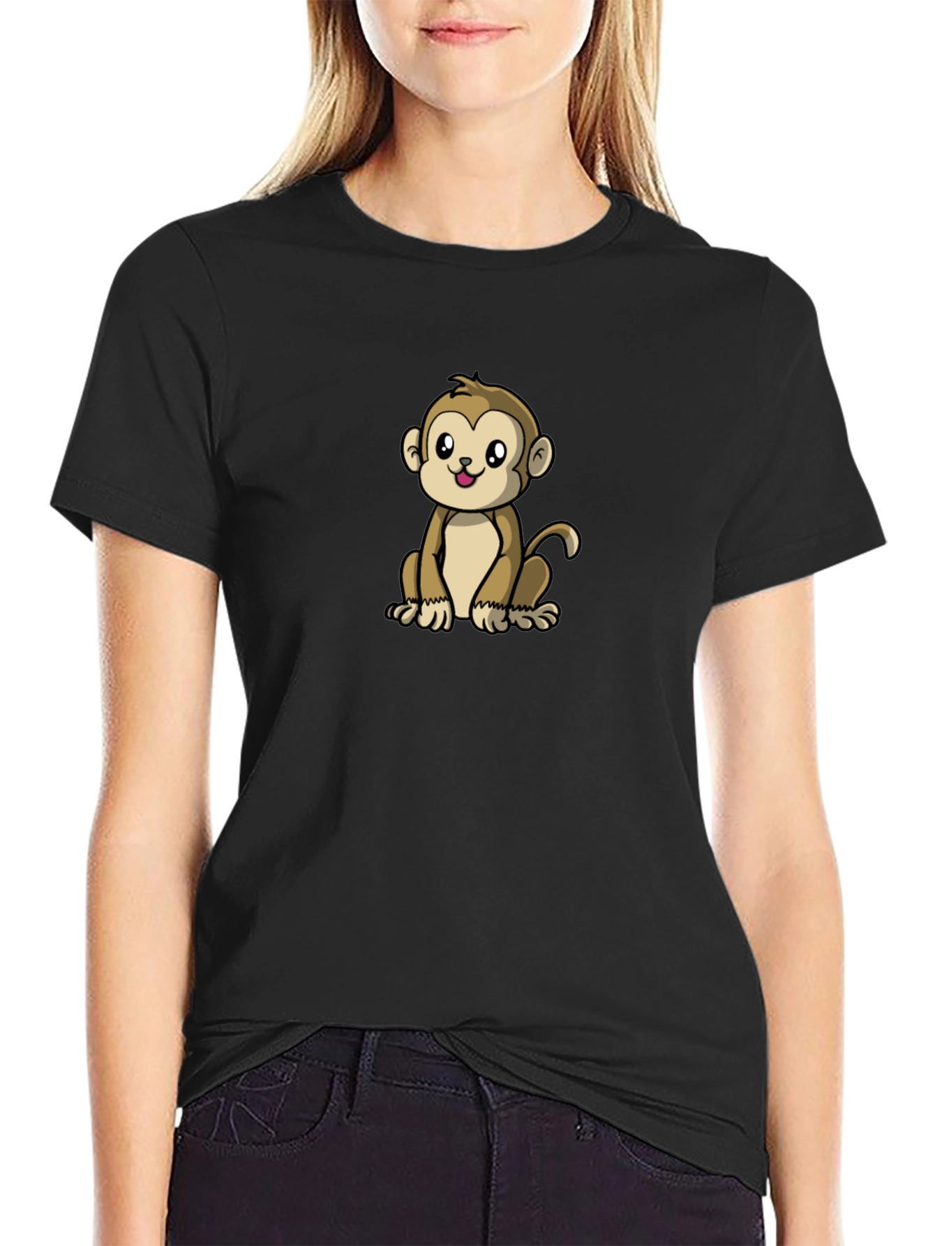 Black Cute Monkey Graphic Black T-Shirt view 2