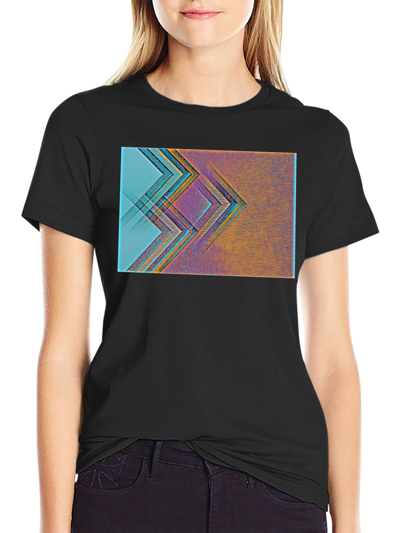 Black Abstract Geometric Print Black T-Shirt view 2