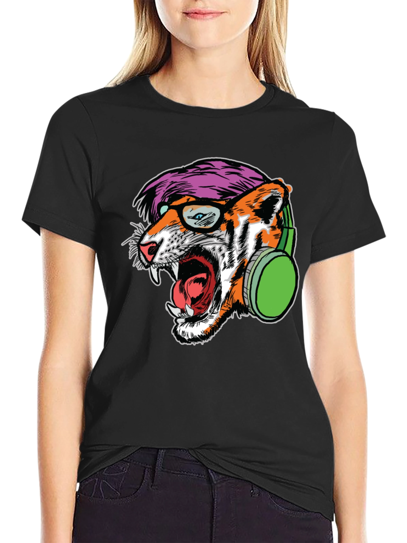 Black Cool Tiger Graphic Tee - Headphones & Glasses view 2