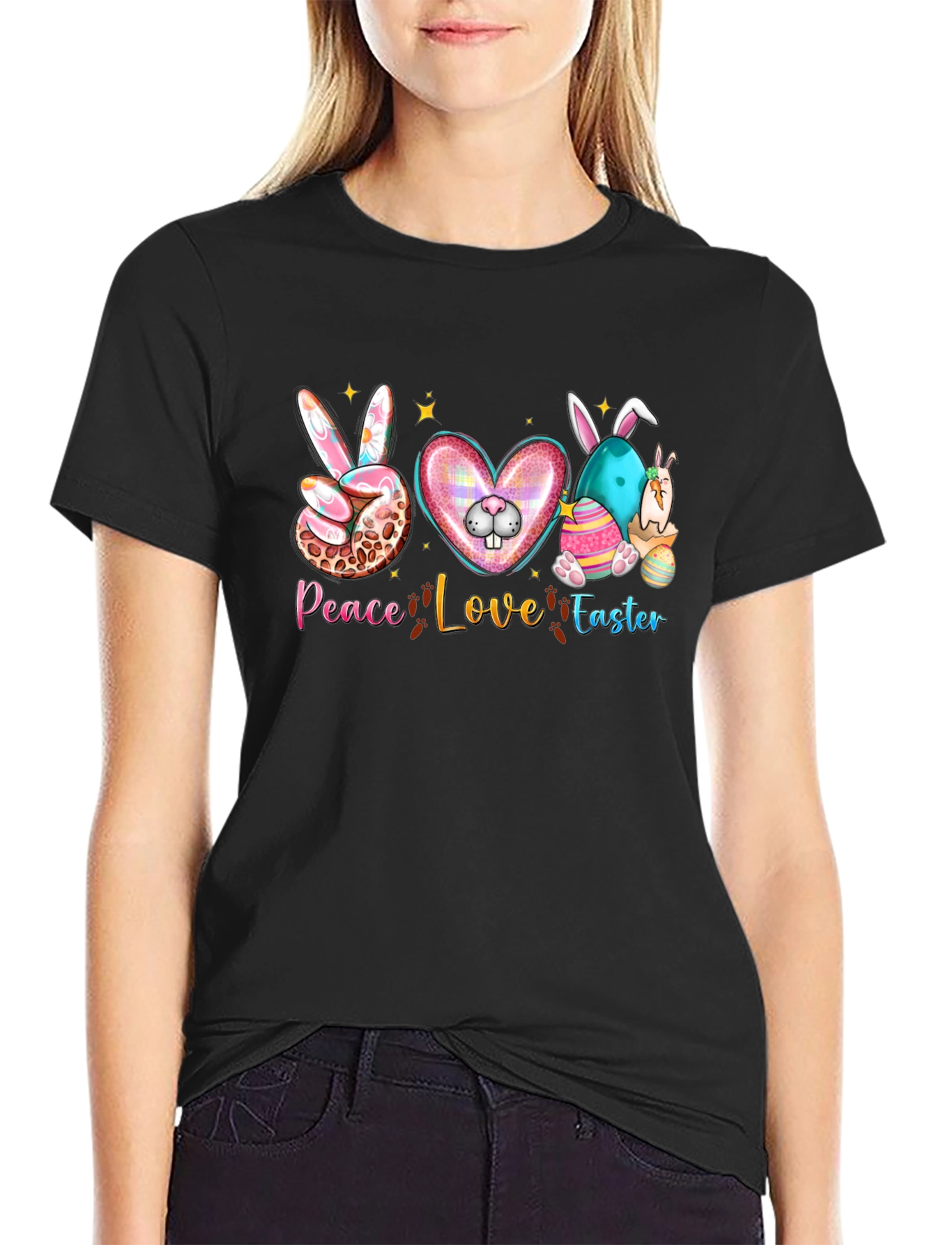 Camiseta Negra "Peace Love Easter" Diseño Festivo