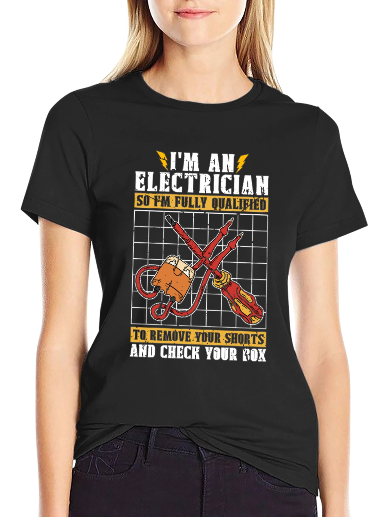 Black Electrician Humor Graphic T-Shirt - Qualified to Check Your Box view 2