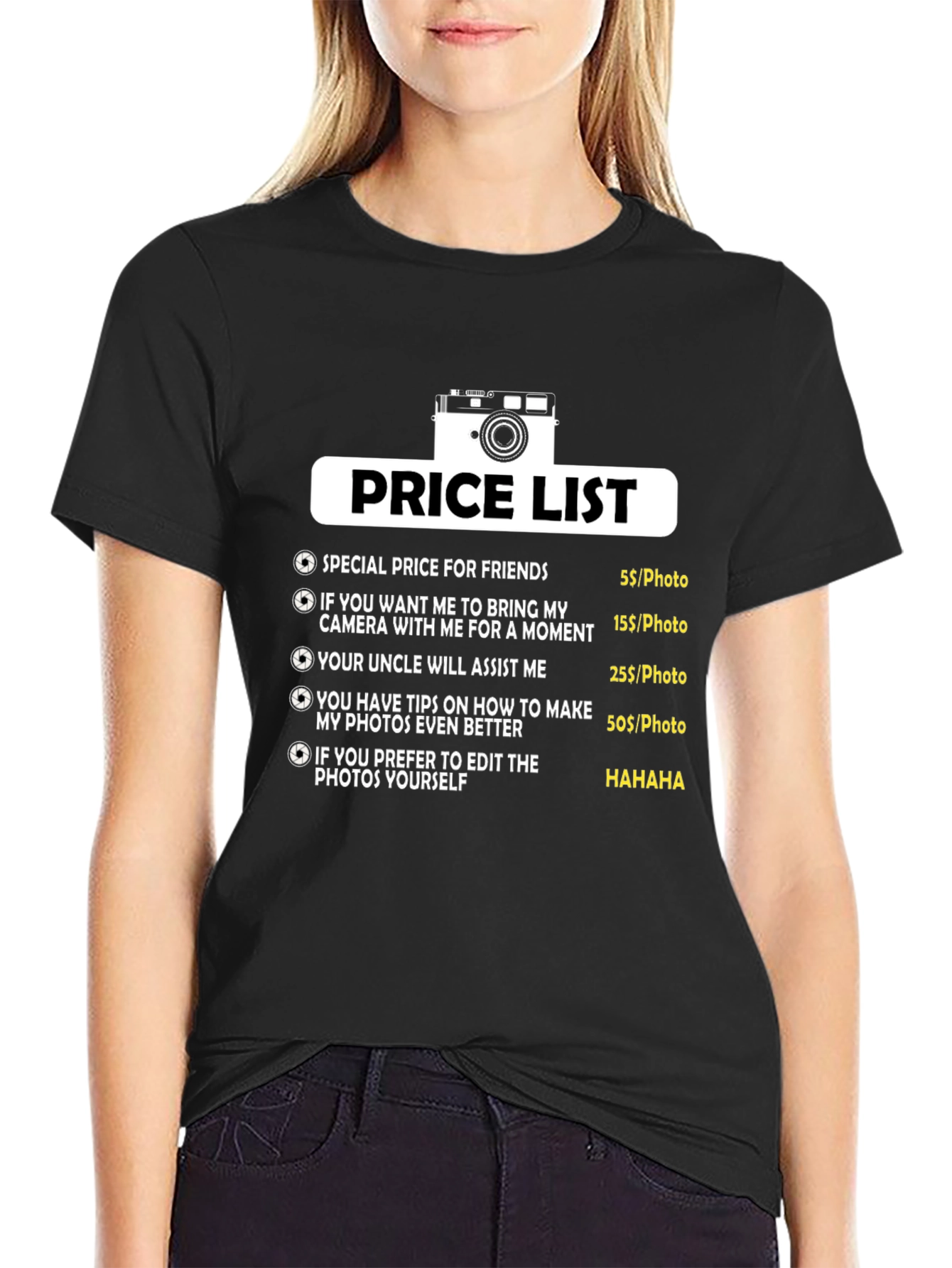 Black Funny Photographer Price List T-Shirt view 2