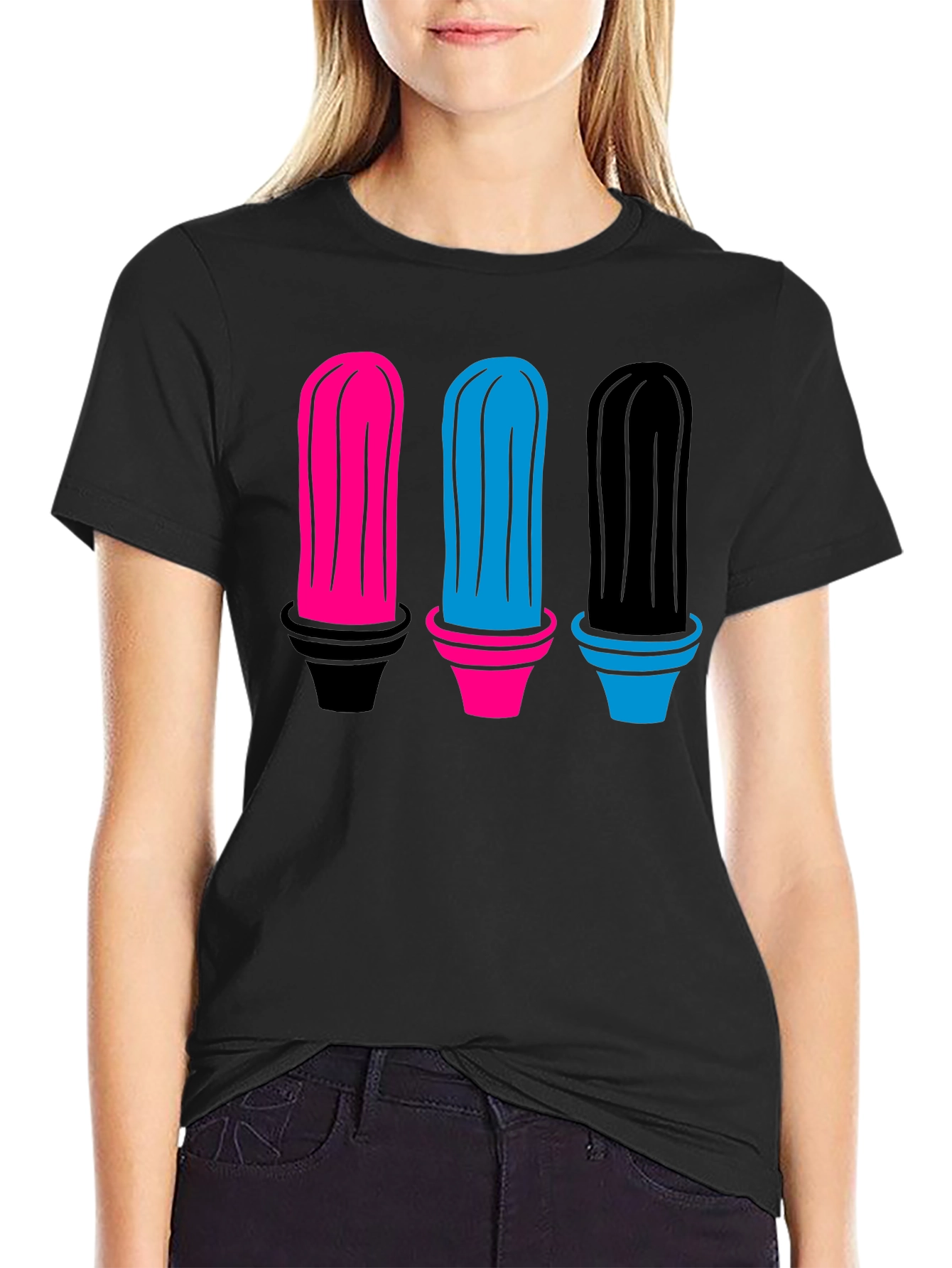 Colorful Cactus Graphic Tee - Black Cotton Shirt - 2