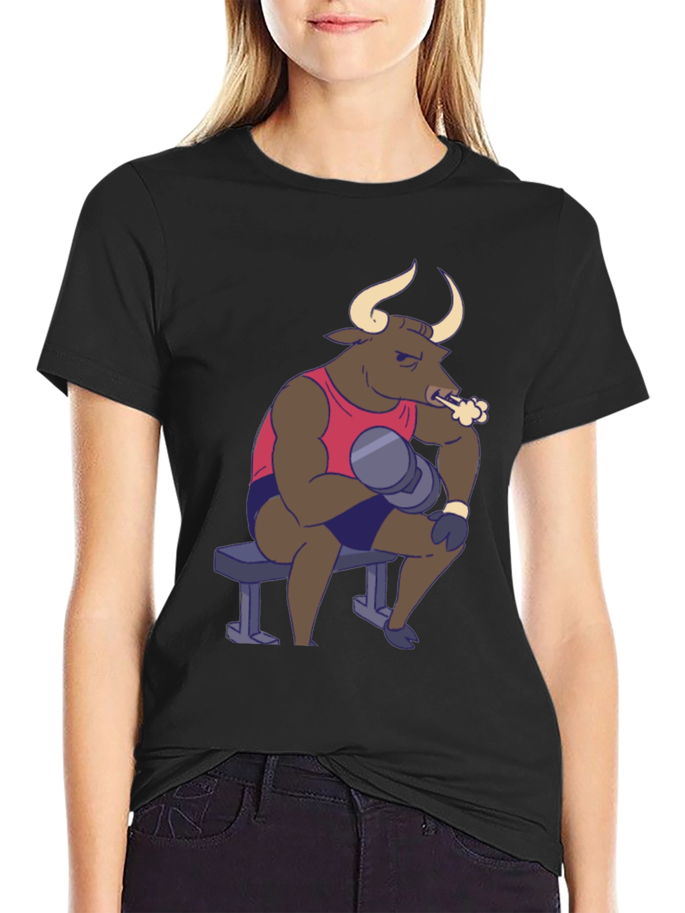Black Funny Bull Lifting Weights T-Shirt view 2