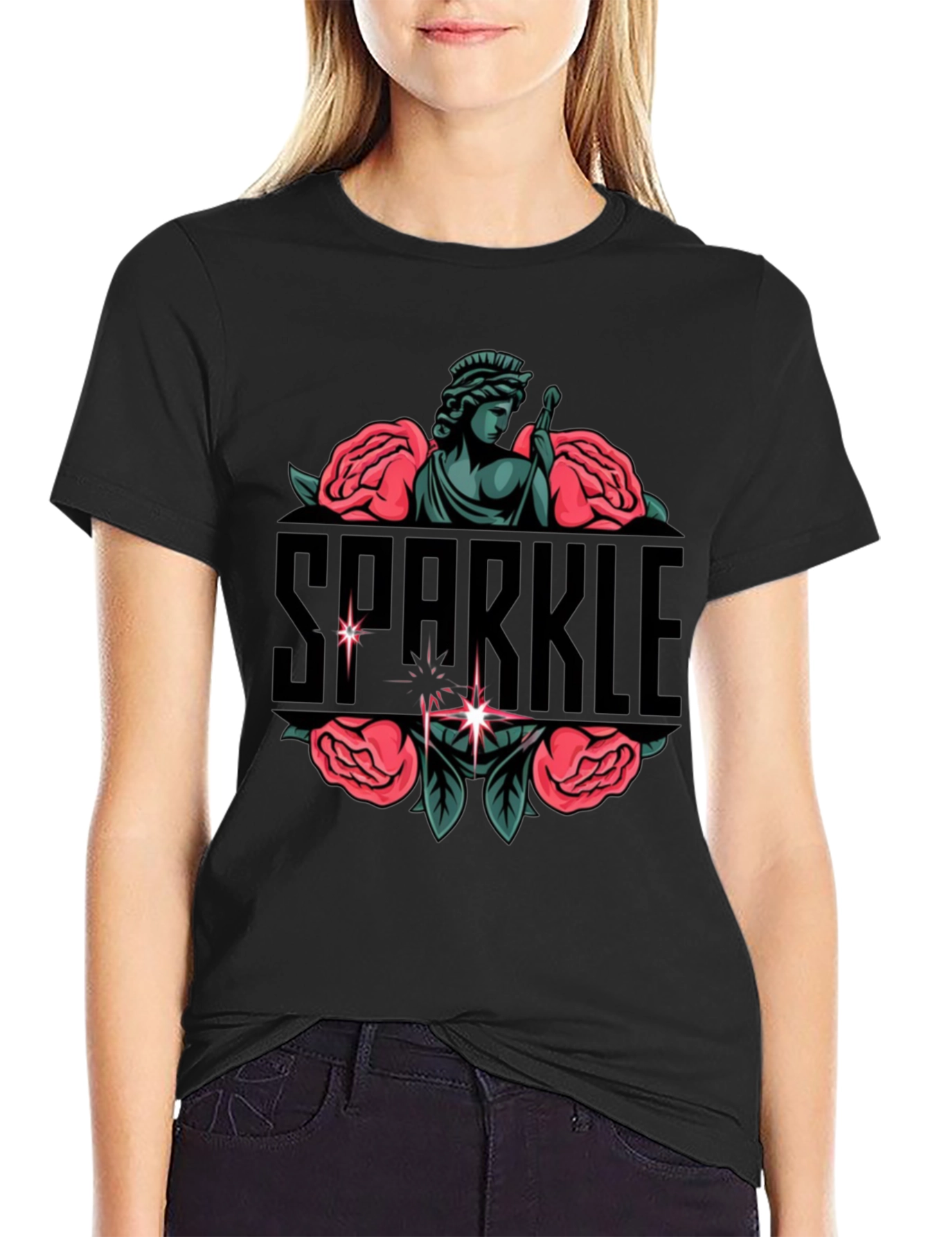 Black Sparkle Statue Graphic Black Tee view 2