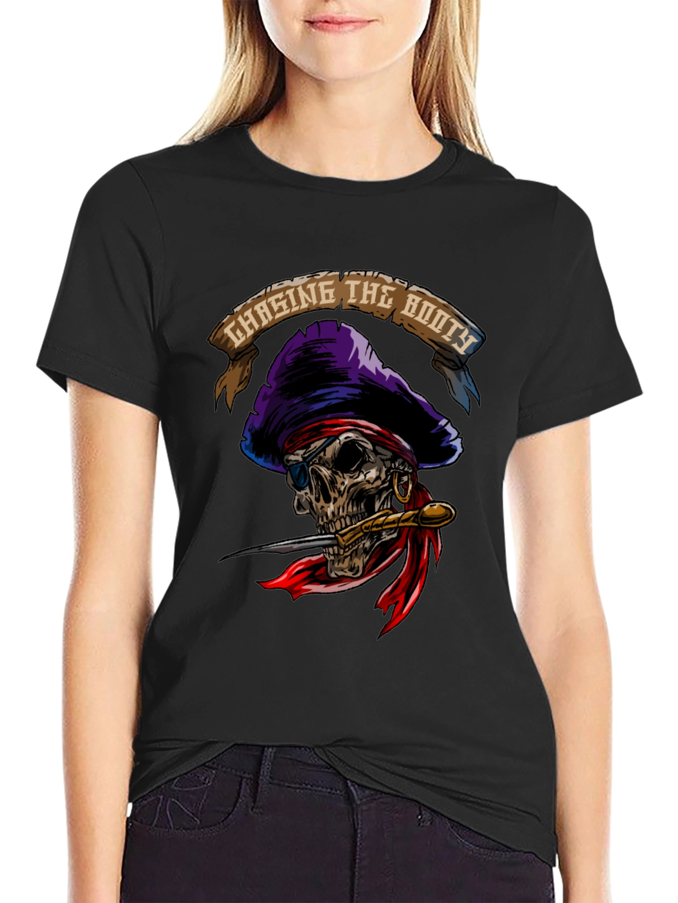 Black Chasing The Booty Pirate Skull Graphic T-Shirt view 2