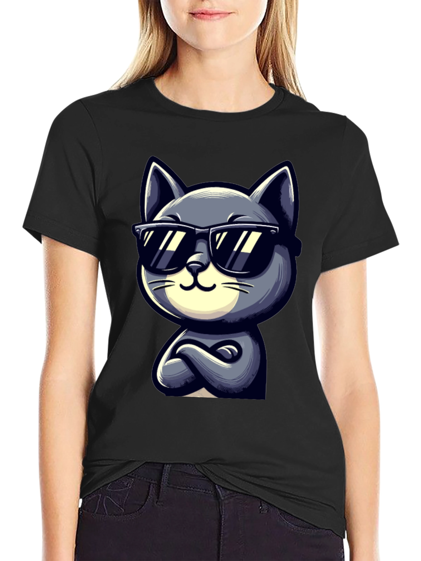 Black Cool Cat Cartoon Graphic T-Shirt view 2