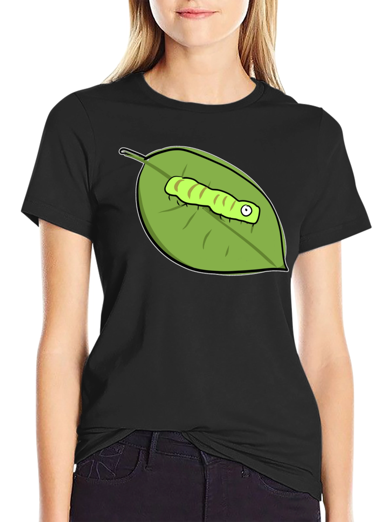 Black Caterpillar on Leaf Graphic Tee - Black view 2