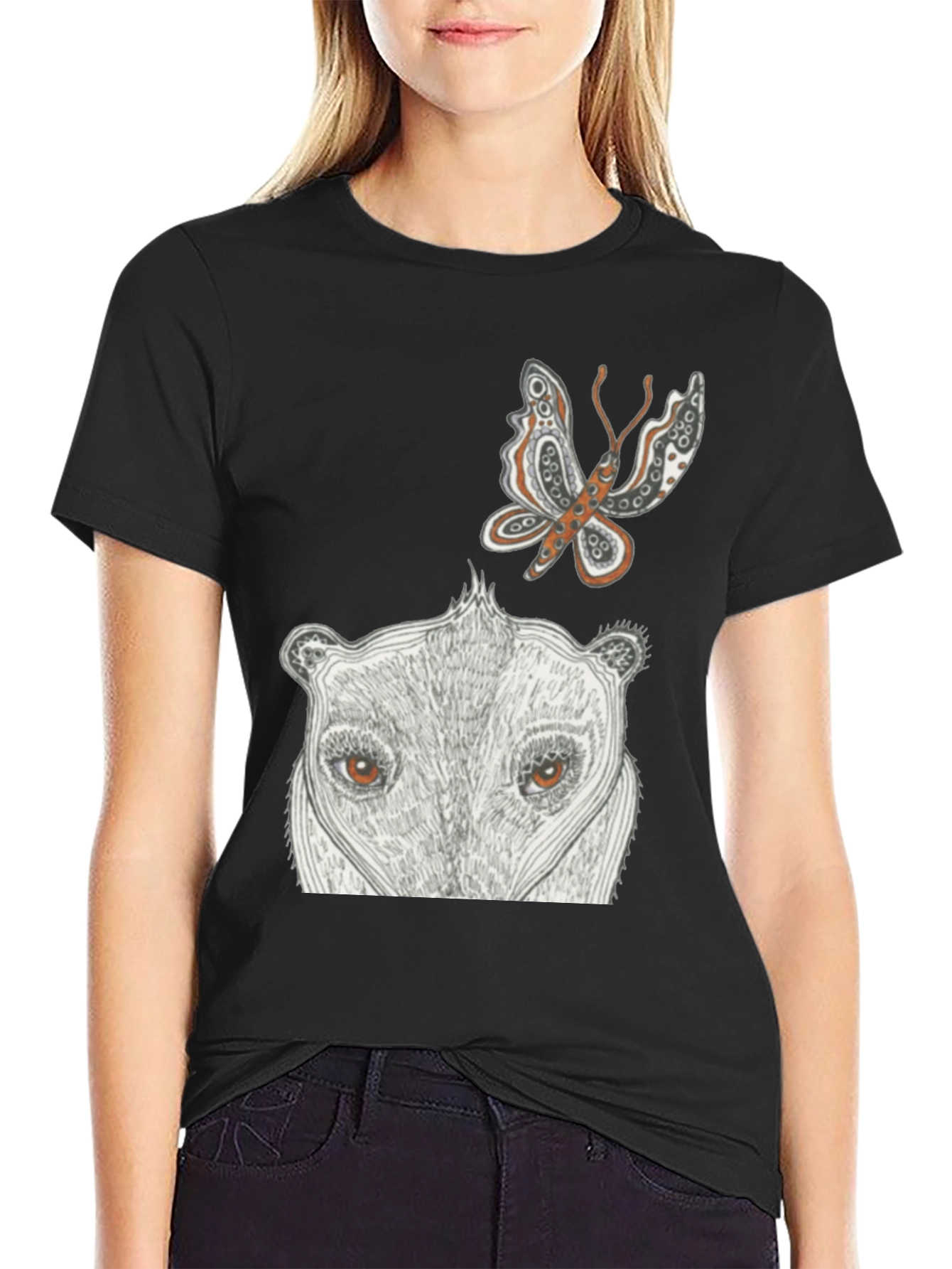 Black Artistic Graphic Tee - Butterfly & Animal Face view 2
