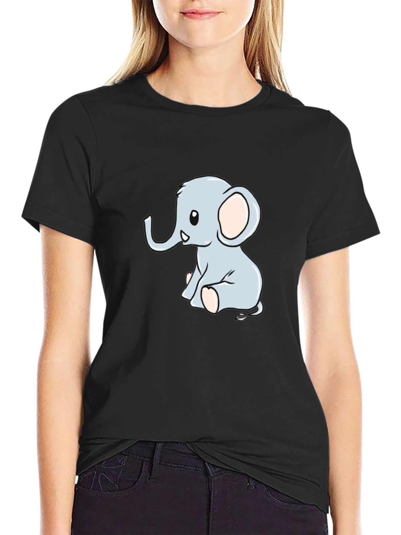 Black Cute Cartoon Elephant Black T-Shirt view 2