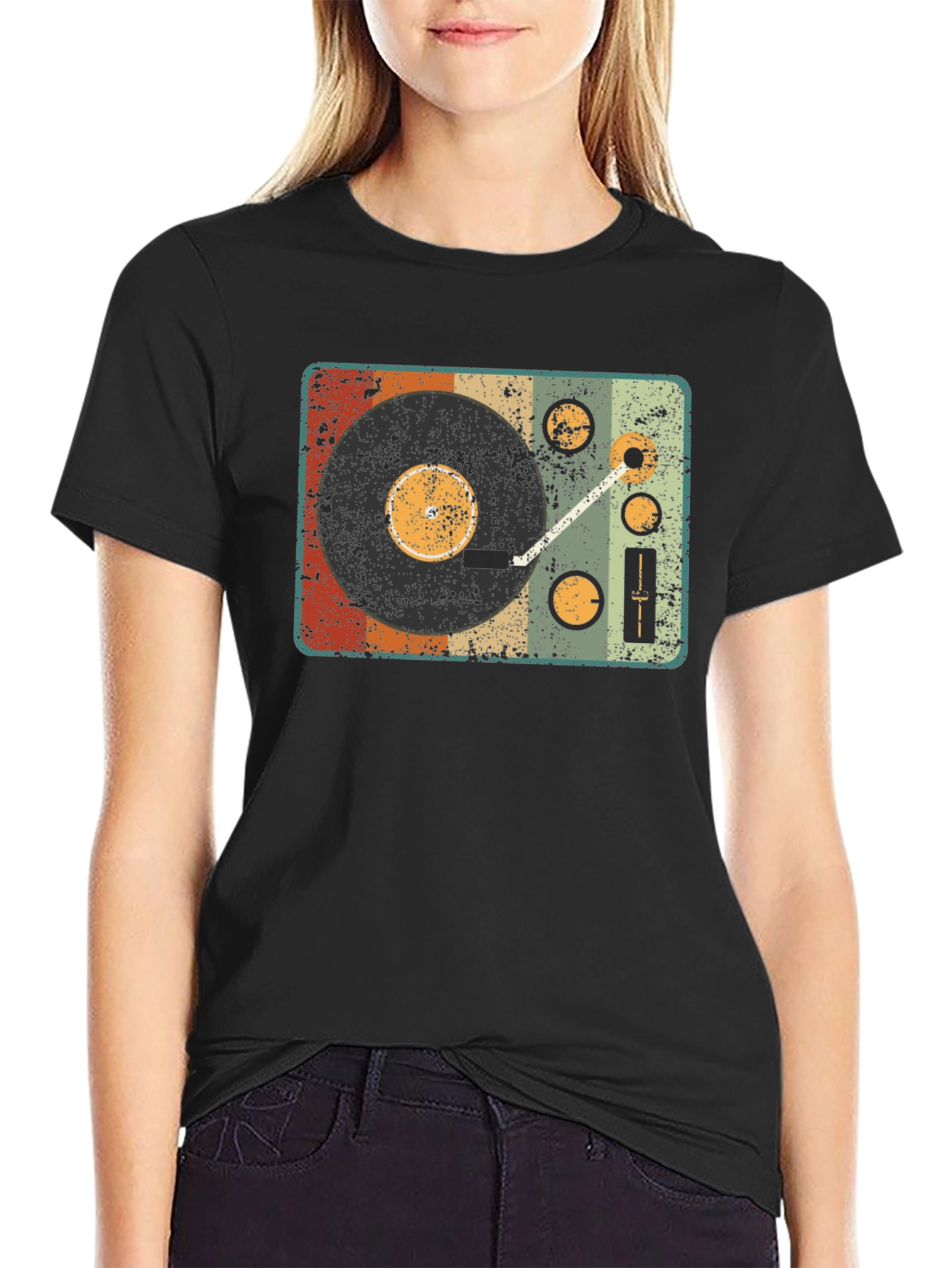 Black Retro Turntable Graphic T-Shirt - Vintage Music Lover Tee view 2