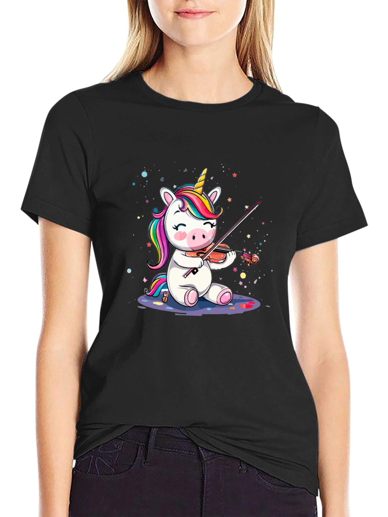 Black Unicorn Violinist Graphic T-Shirt - Black view 2