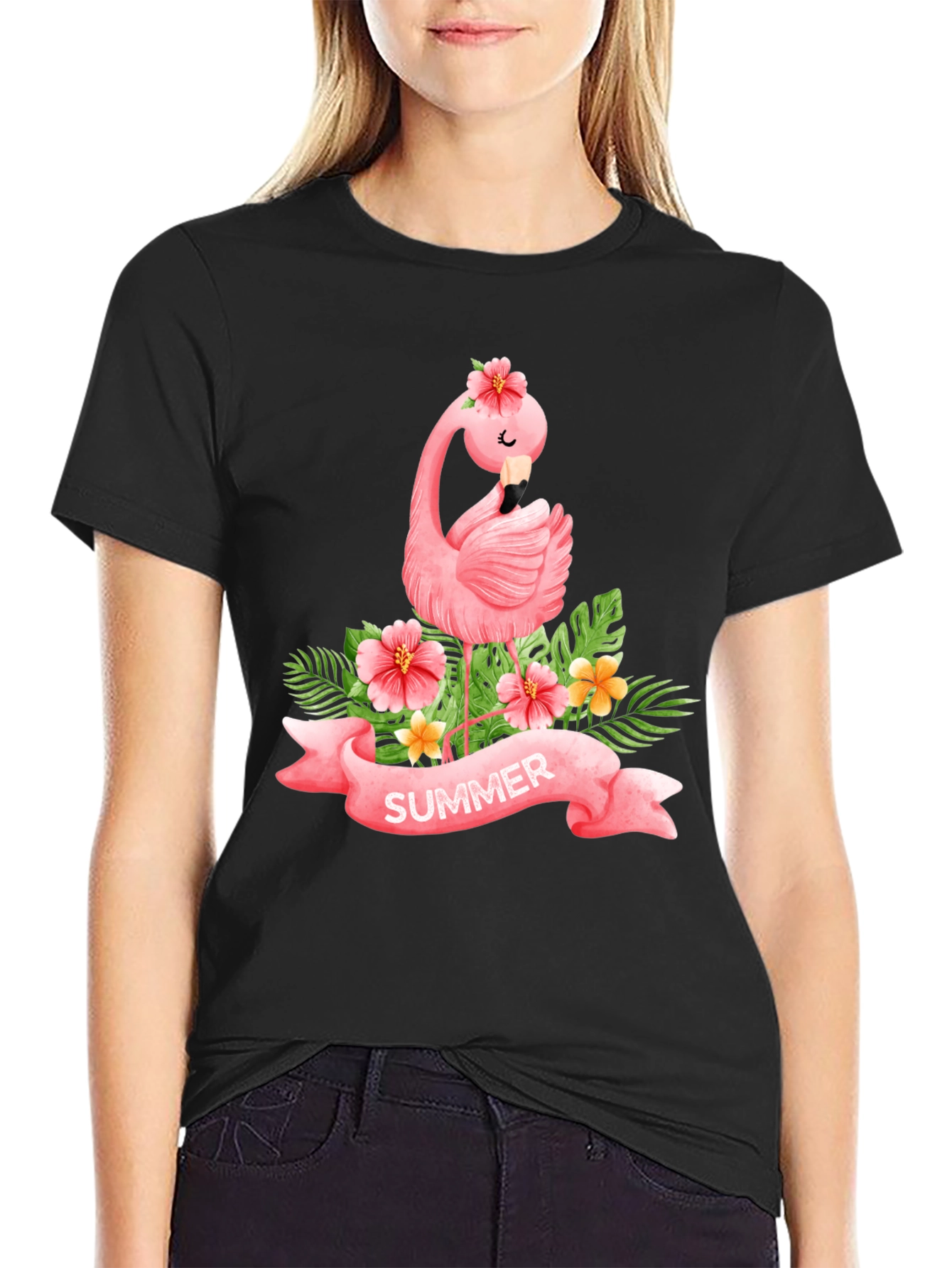 Black Summer Flamingo Black T-Shirt view 2