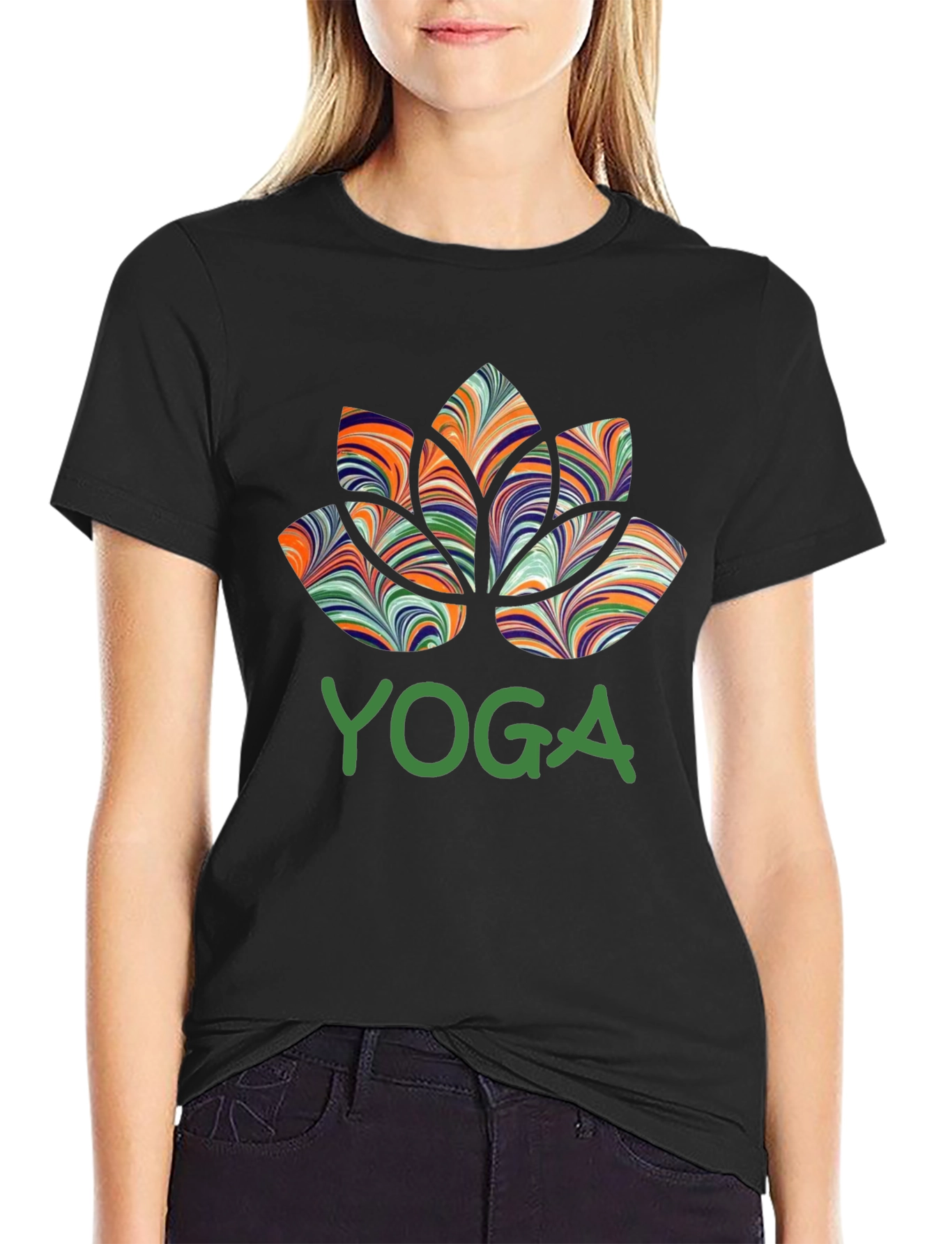Black Yoga Lotus Flower Graphic T-Shirt view 2
