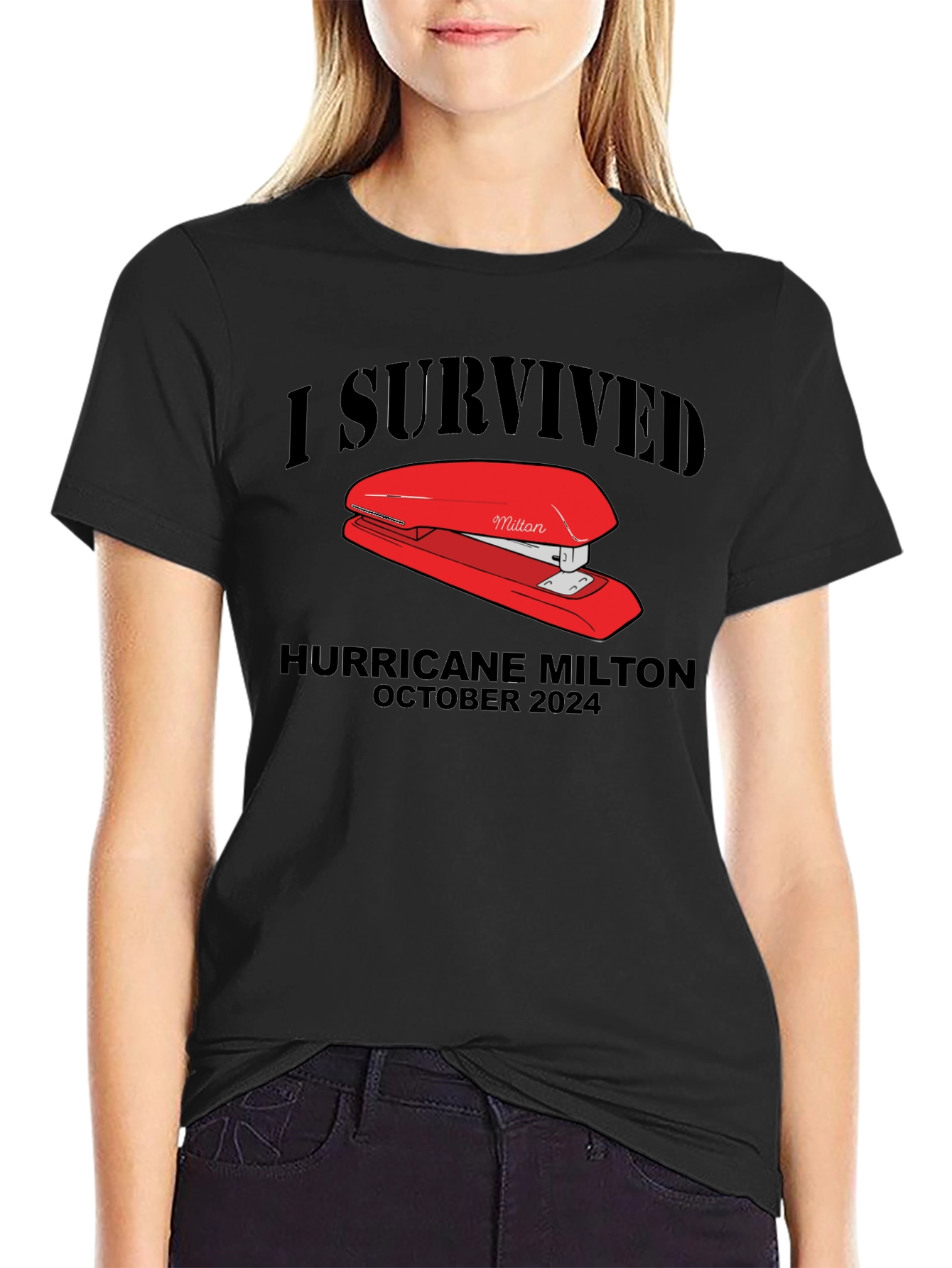 Black I Survived Hurricane Milton Stapler Black T-Shirt view 2