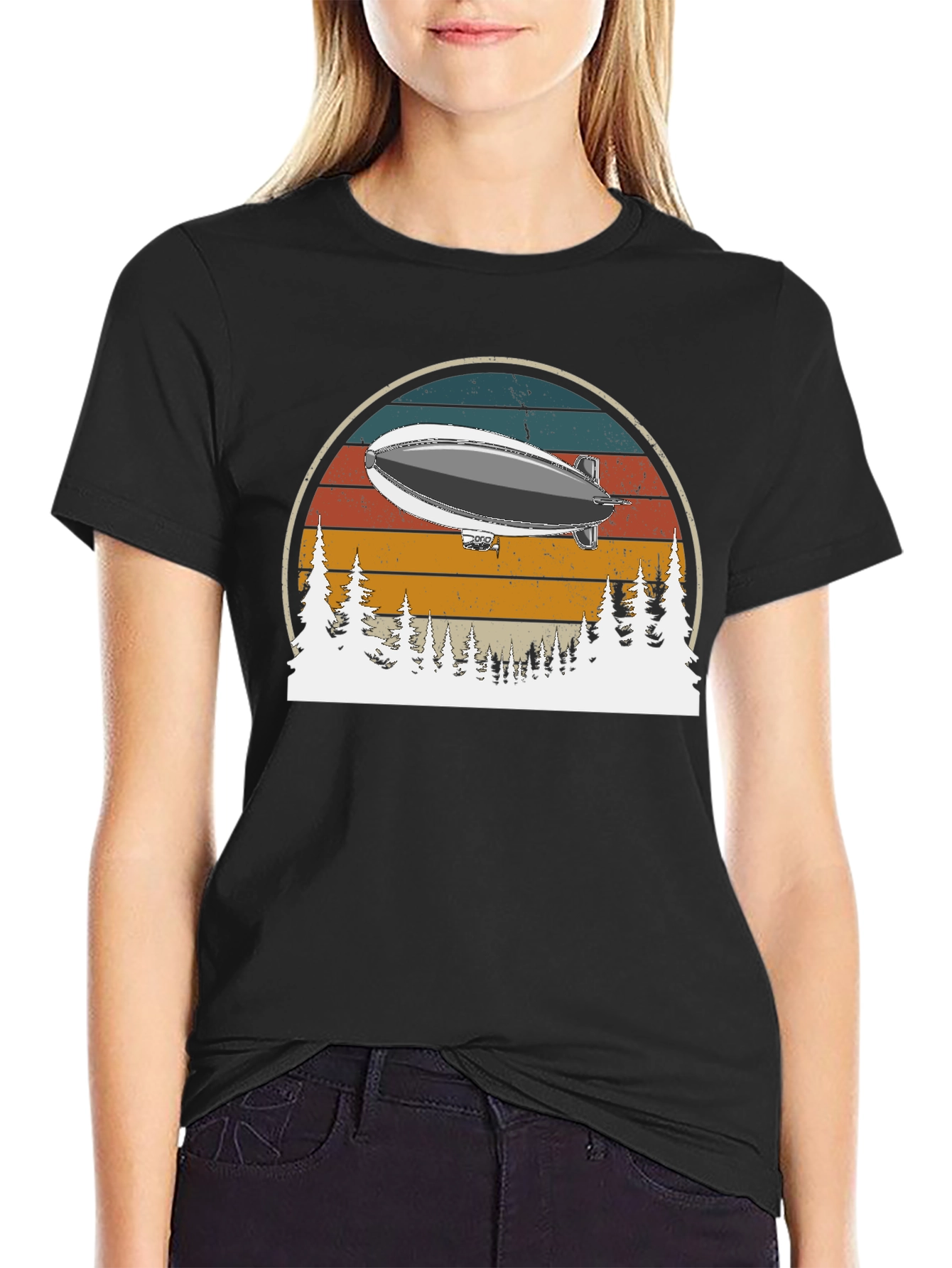 Black Vintage Airship Sunset T-Shirt view 2