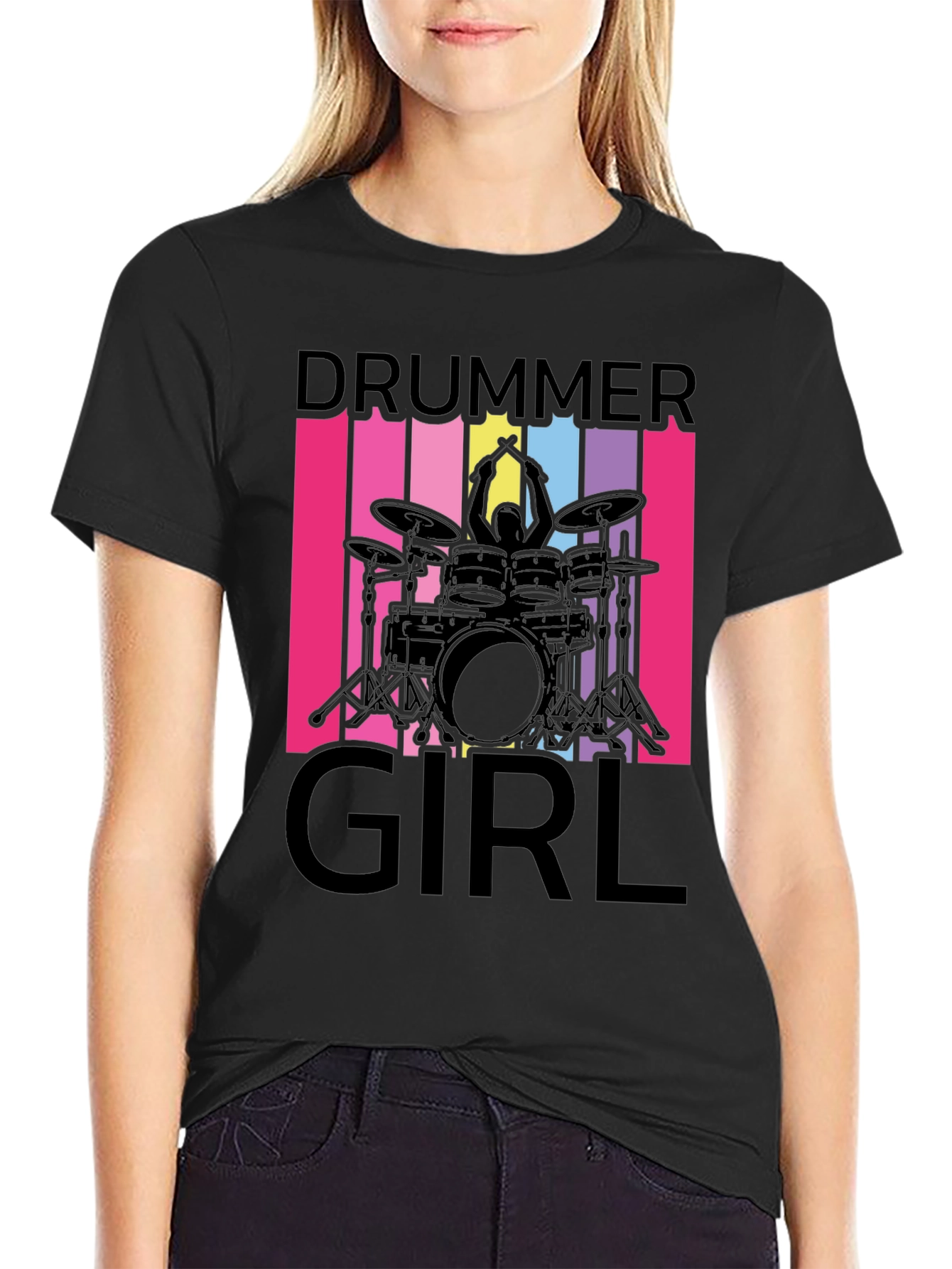 Black Drummer Girl T-Shirt - Music Lover Tee view 2