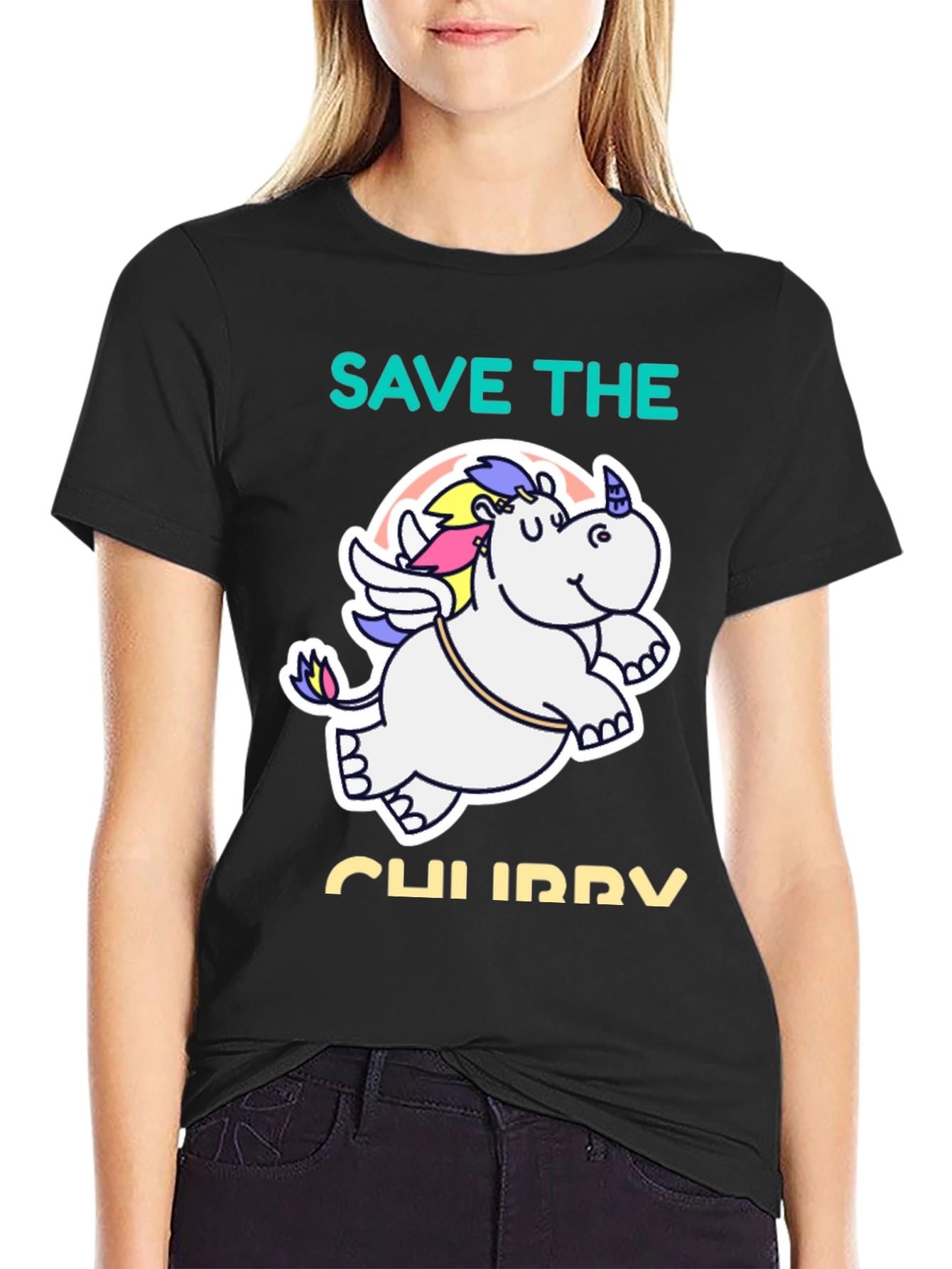 Black Save the Chubby Unicorn Black T-Shirt view 2