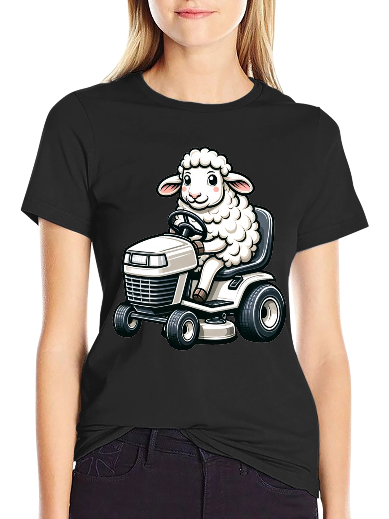 Black Sheep on Lawn Mower T-Shirt - Black view 2