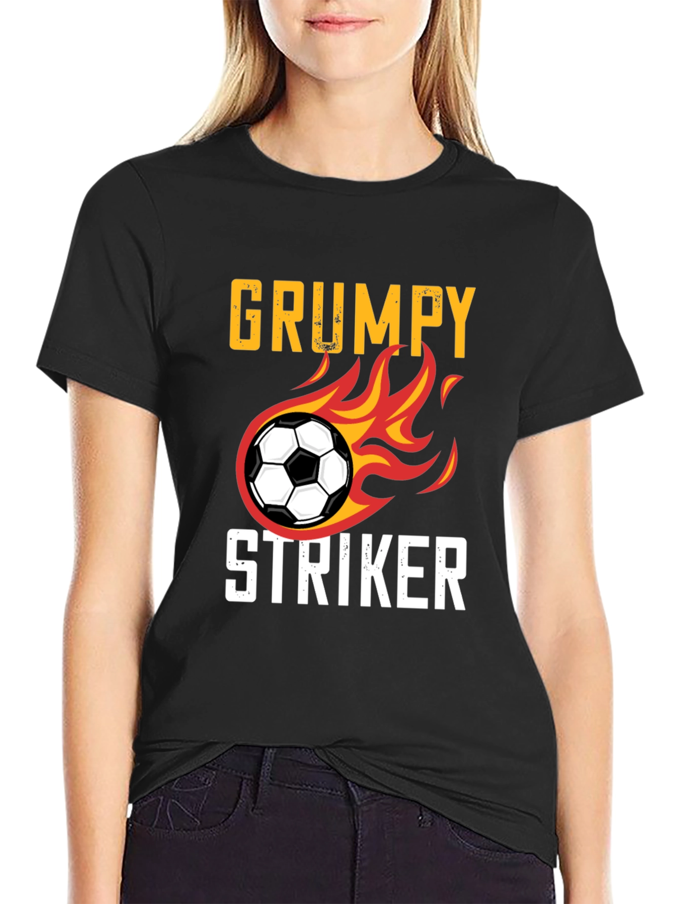 Black Grumpy Striker Soccer T-Shirt - Funny Sportswear view 2