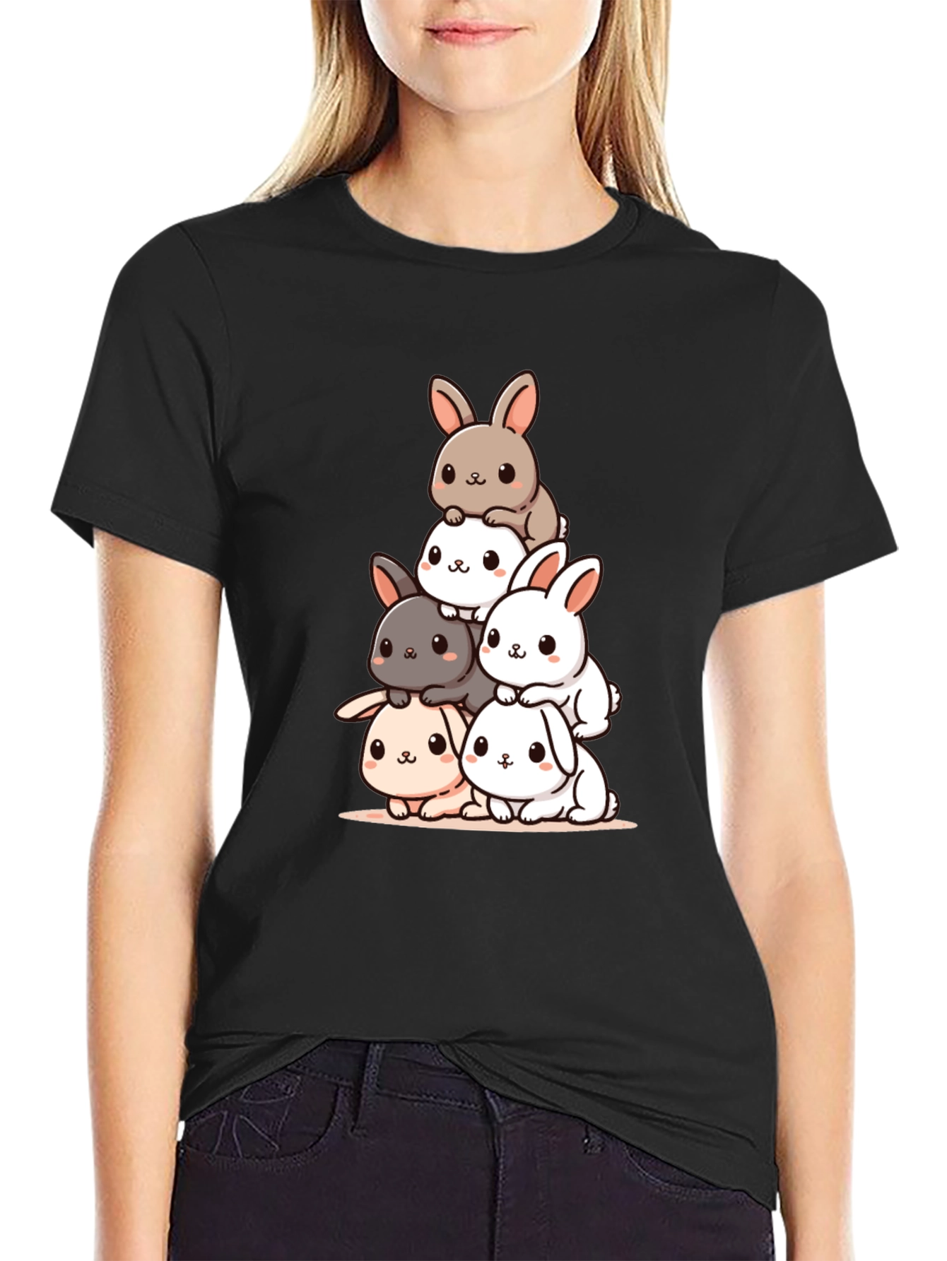 Cute Bunny Stack Graphic Tee - Black Cotton Blend - 2
