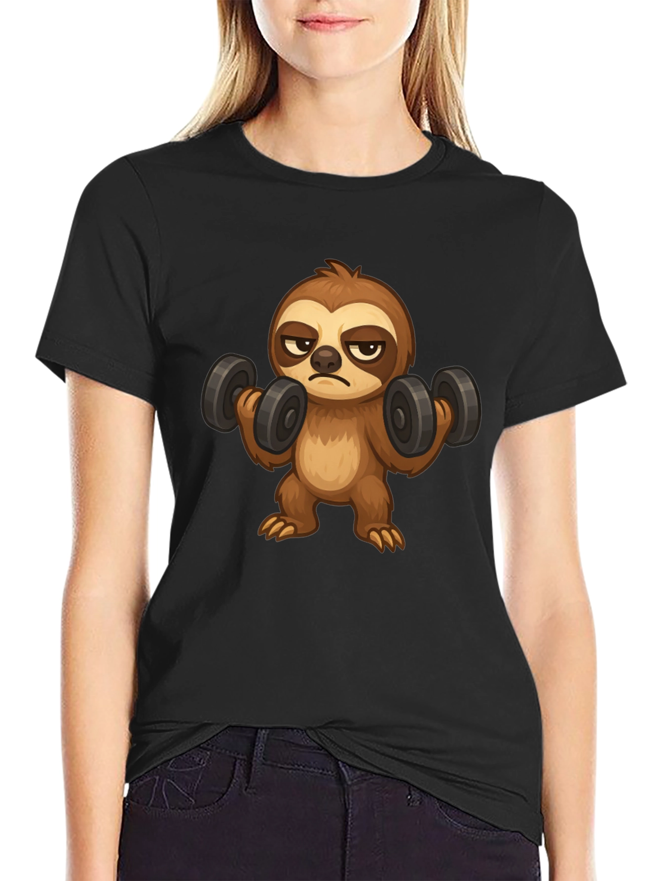 Black Sloth Lifting Weights Graphic T-Shirt view 2