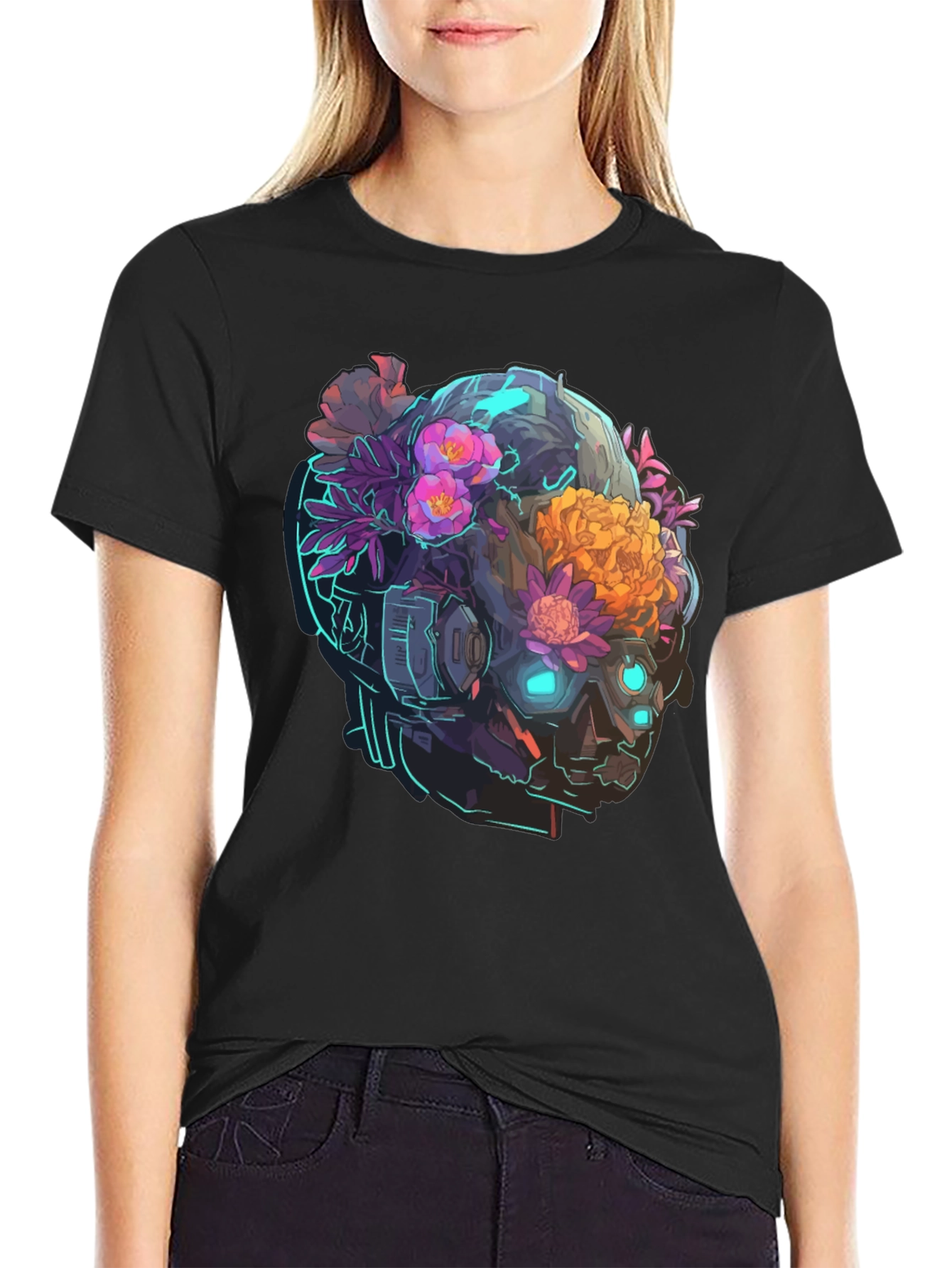 Black Floral Cyberpunk Skull T-Shirt - Unique Graphic Tee view 2