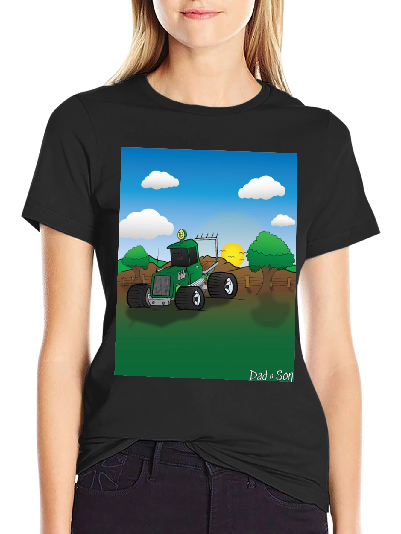 Black Dad n Son Cartoon Tractor Graphic T-Shirt view 2