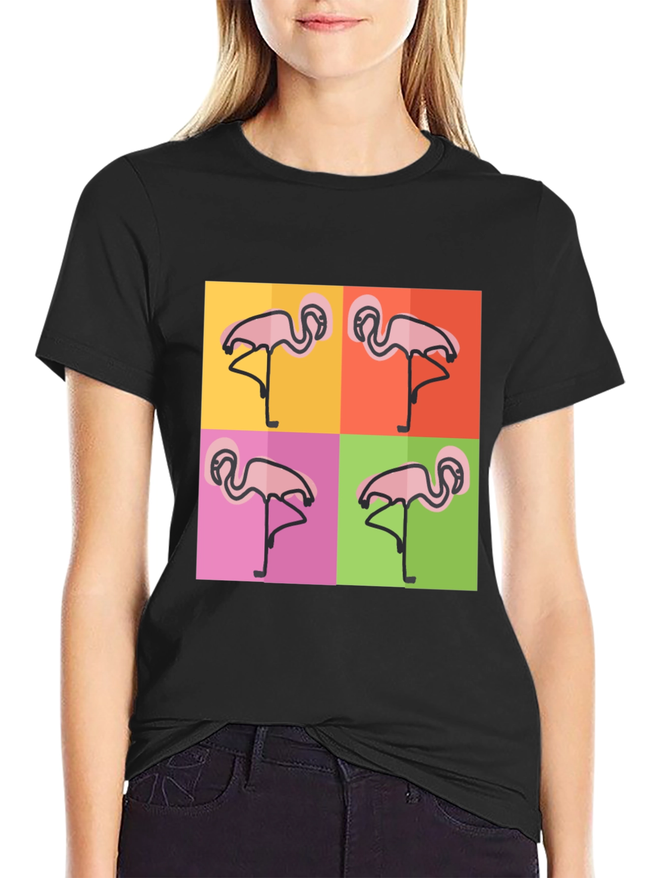 Black Funky Flamingo Pop Art Black T-Shirt view 2