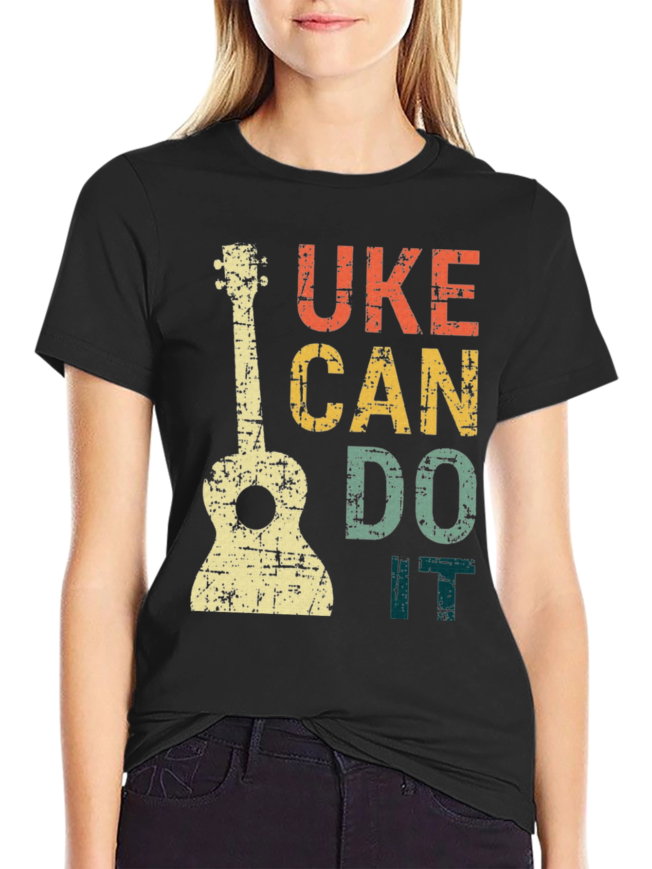 Black Uke Can Do It T-Shirt - Retro Ukulele Graphic Tee view 2