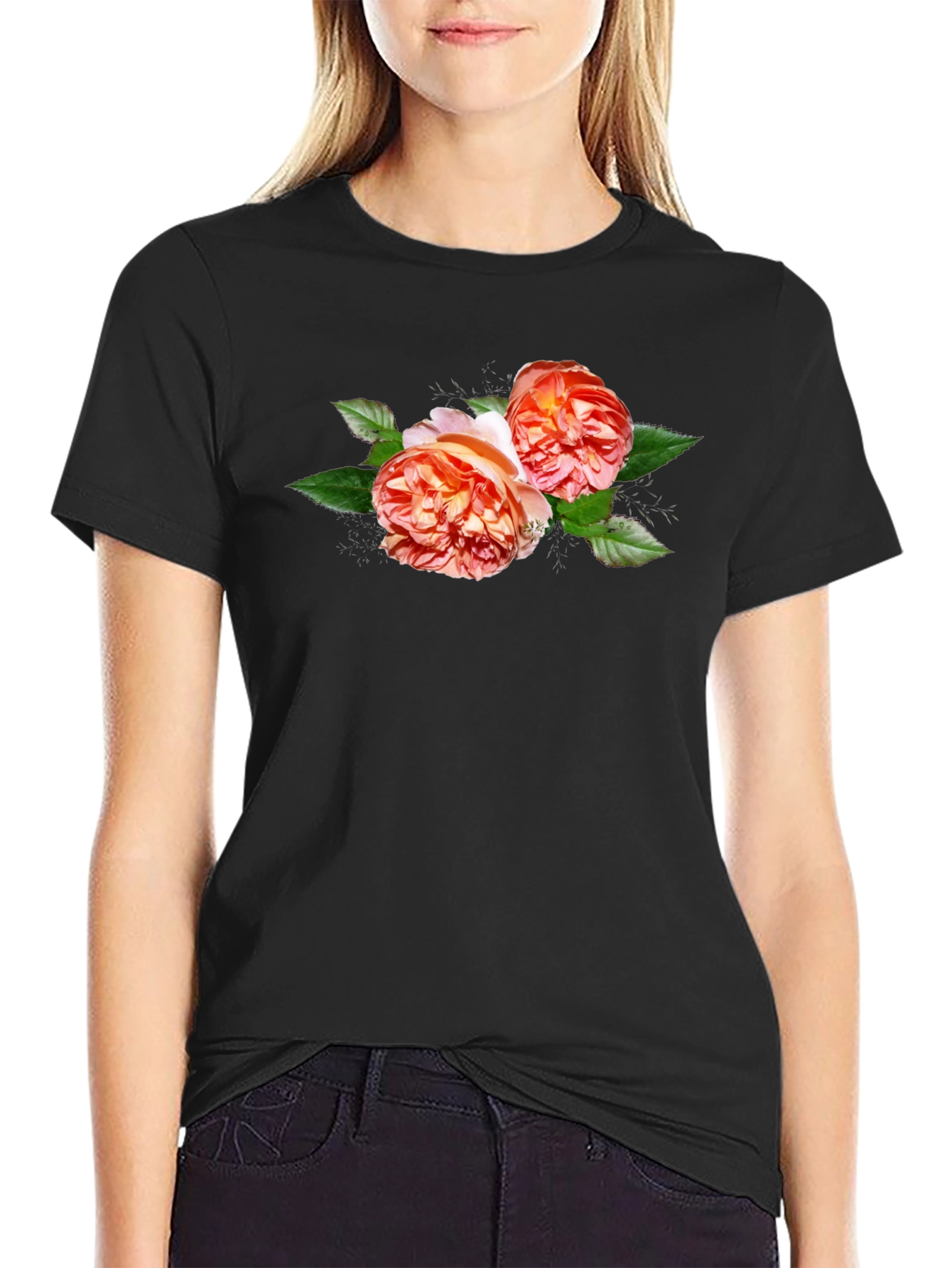 Black Floral Graphic Tee - Black Cotton T-Shirt view 2