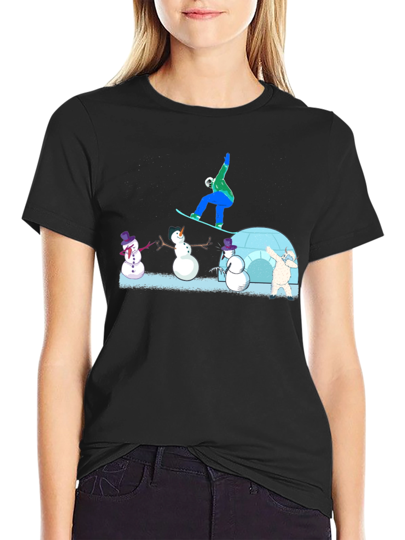 Black Snowboarder and Snowmen Graphic T-Shirt view 2