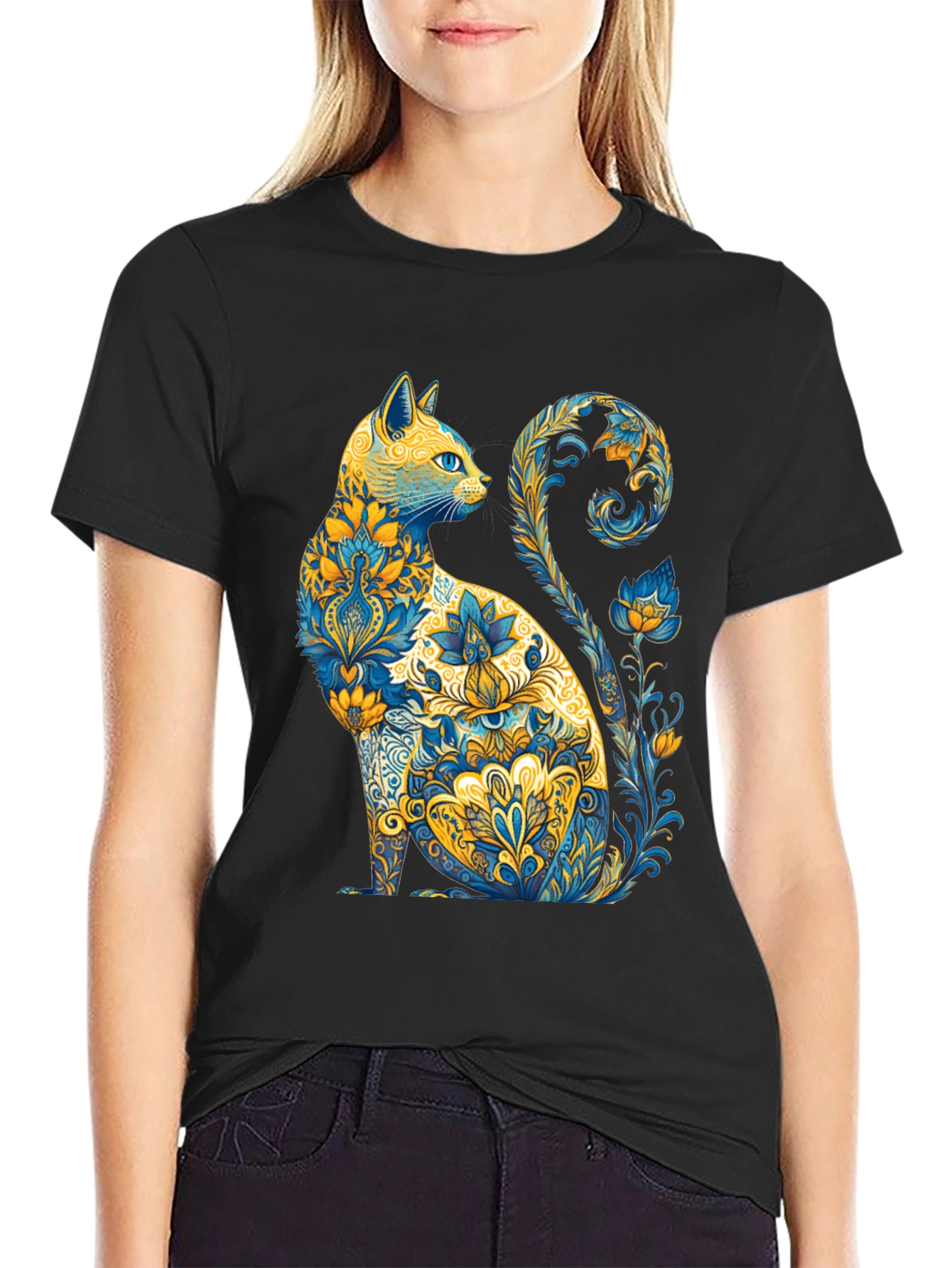 Black Floral Cat Graphic T-Shirt - Unique Design view 2