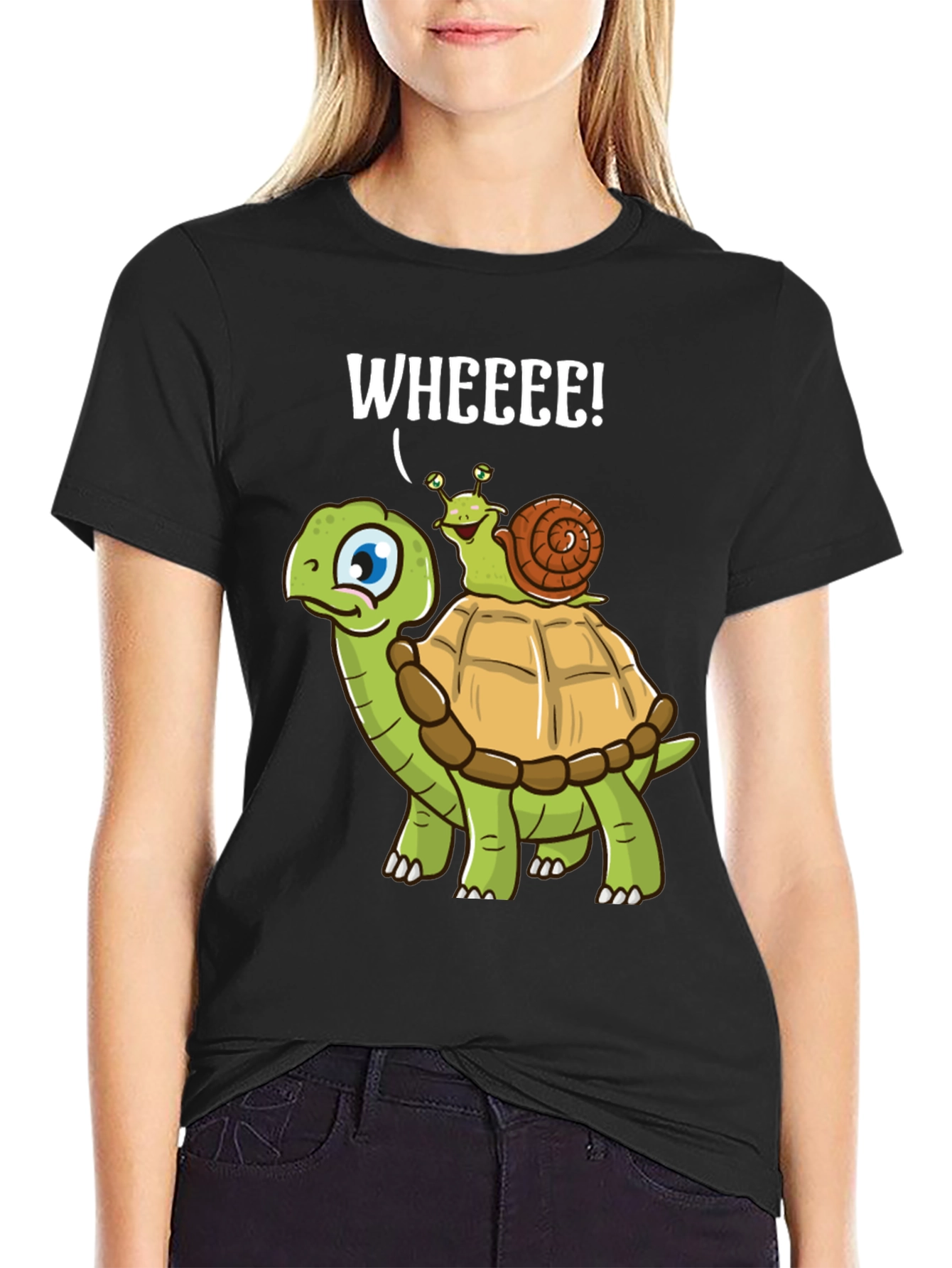 Black Funny Turtle Snail Wheee! Graphic T-Shirt view 2