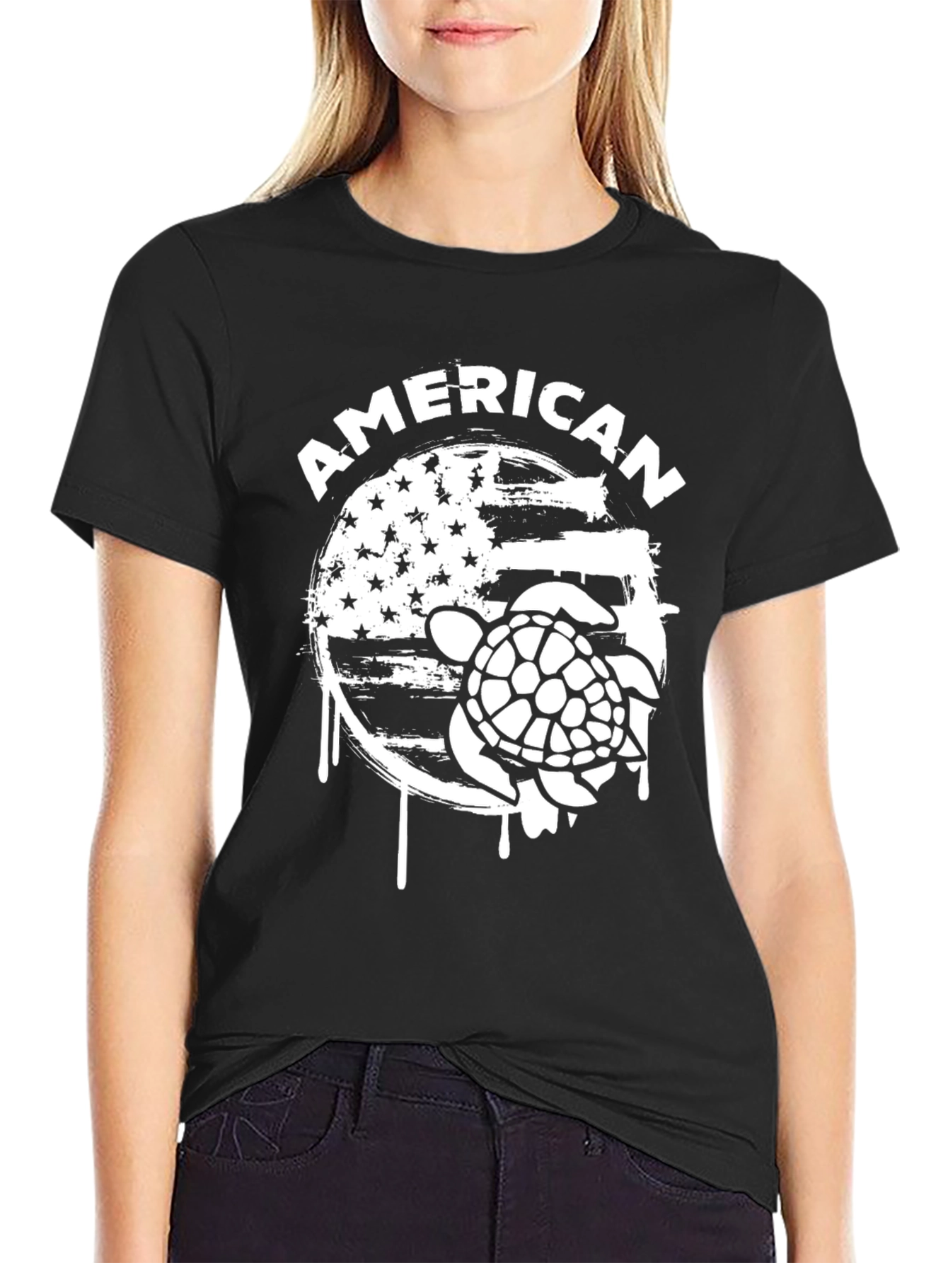 Black American Turtle Graphic Print Crew Neck T-Shirt view 2