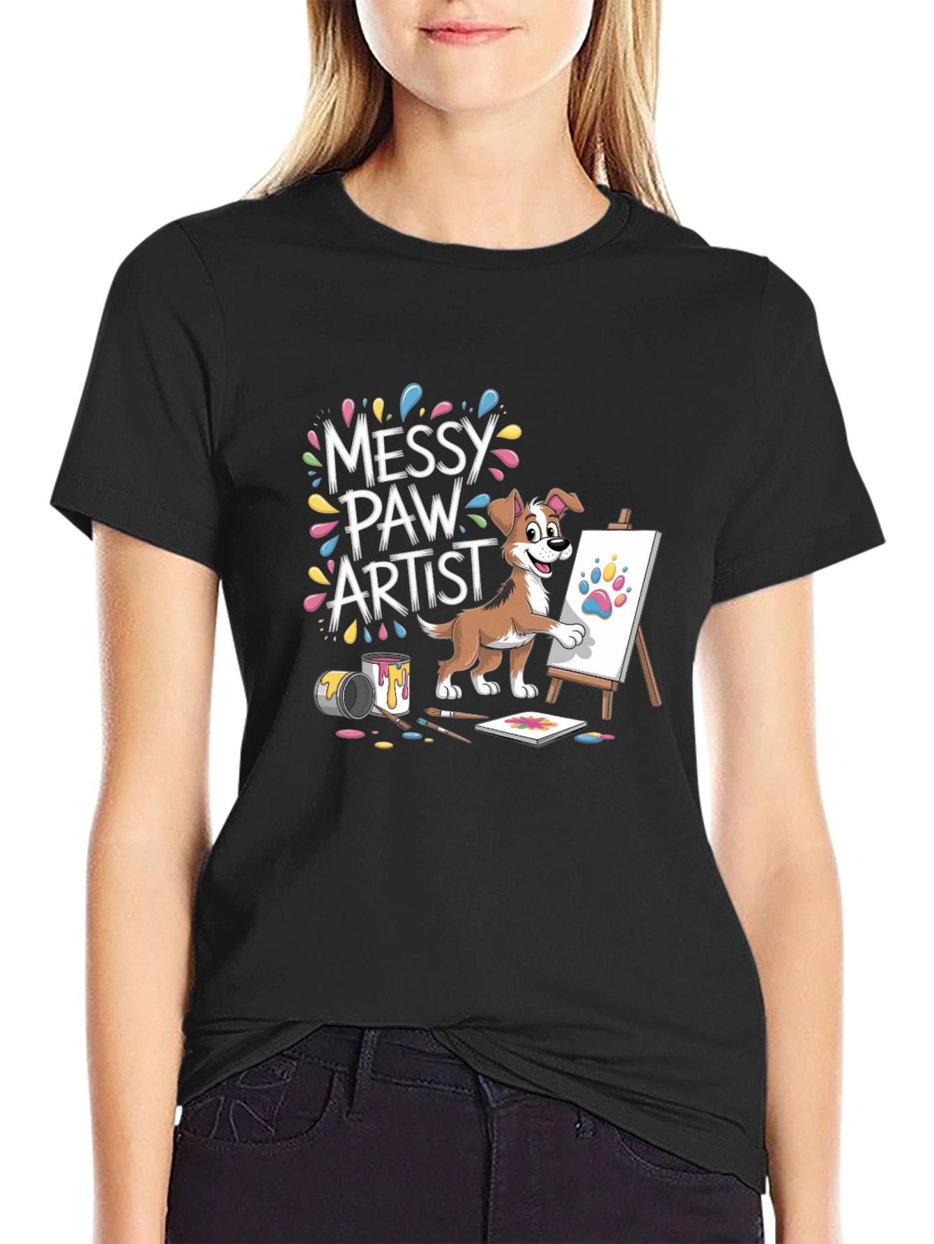 Black Messy Paw Artist T-Shirt - Cute Dog Painting Design view 2