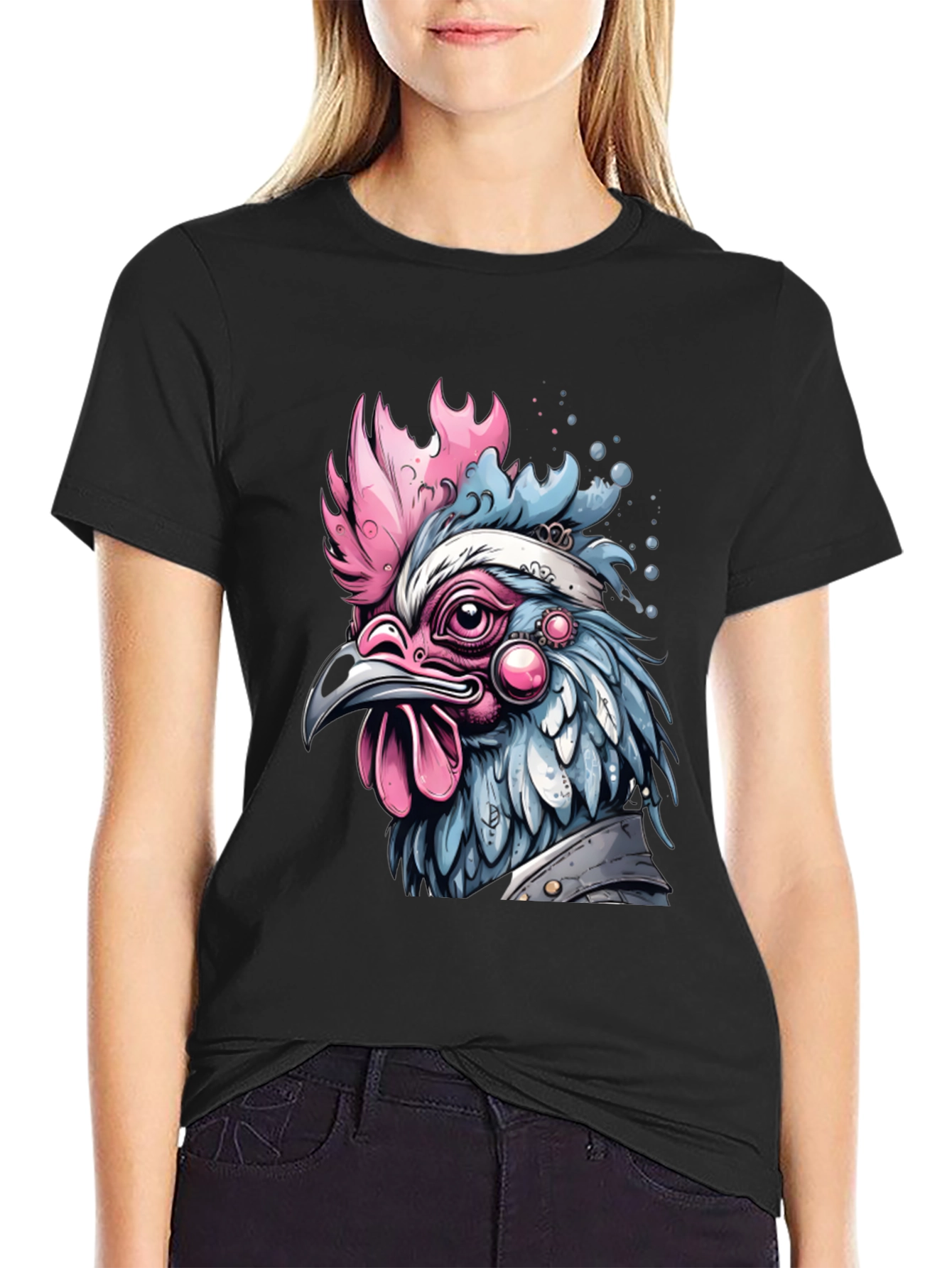 Black Artistic Chicken Graphic T-Shirt view 2