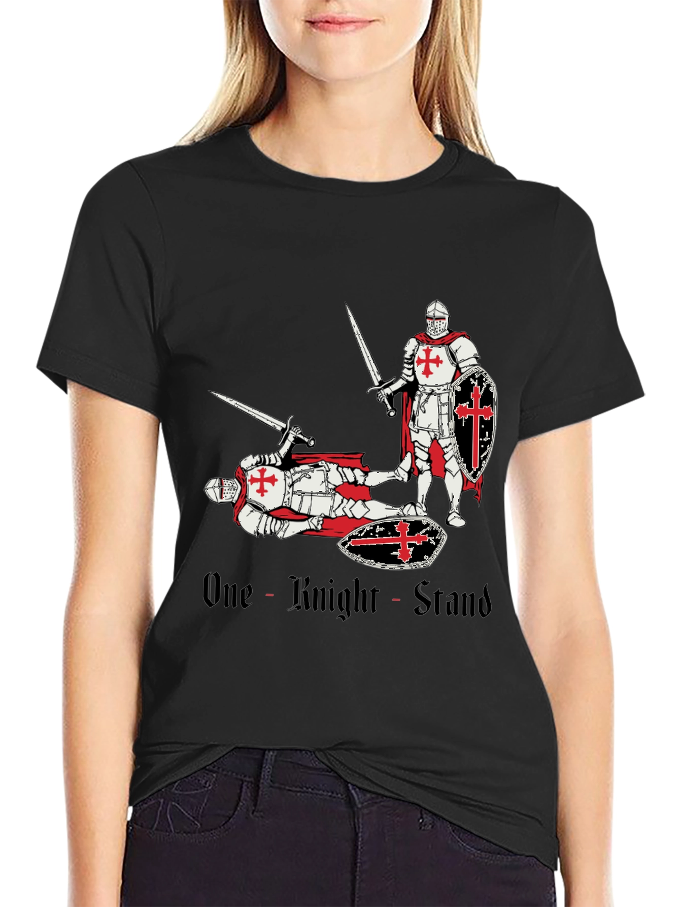 Black One Knight Stand T-Shirt Medieval Crusader Tee view 2