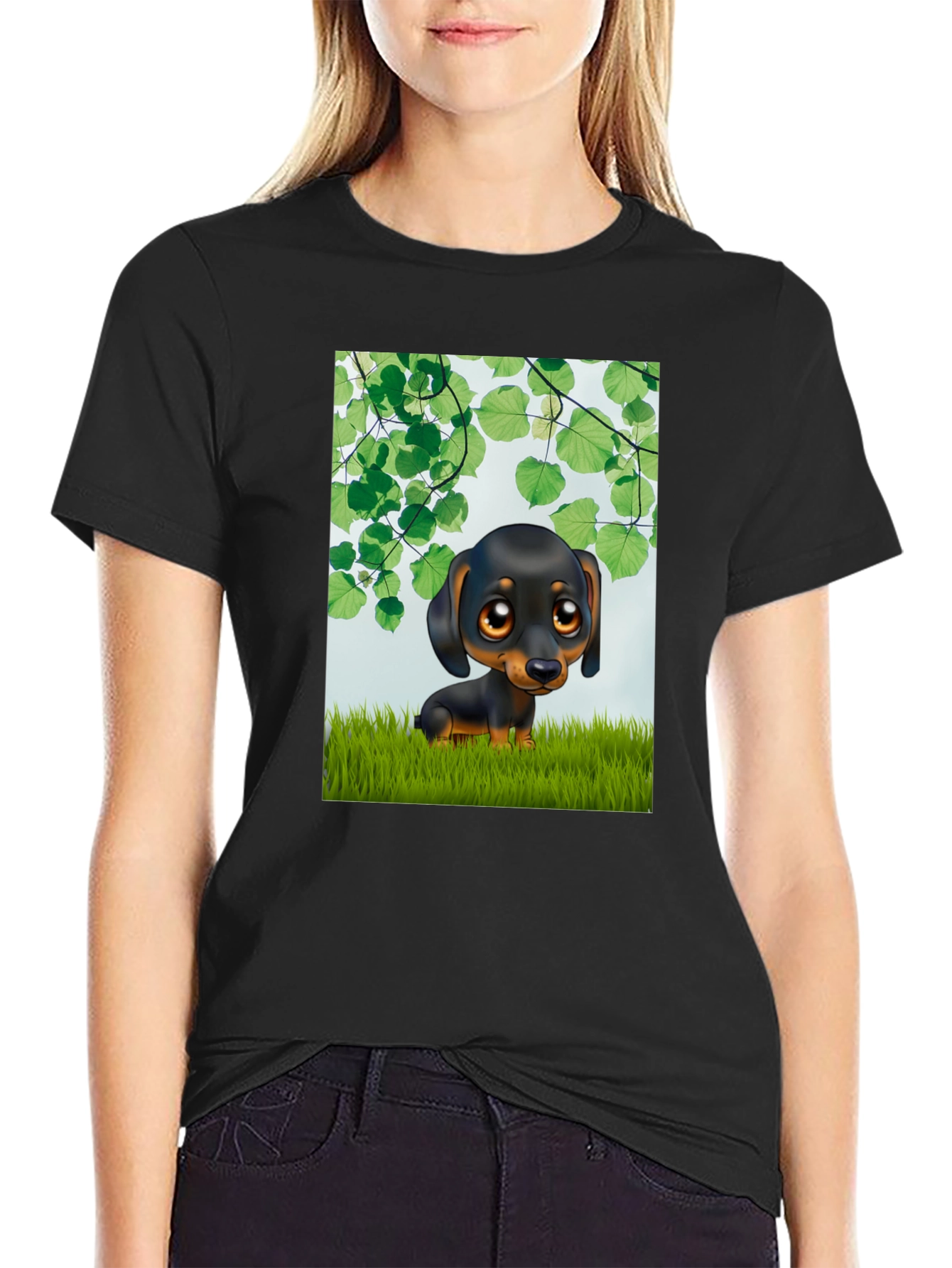 Black Cartoon Dachshund T-Shirt - Cute Dog Graphic Tee view 2