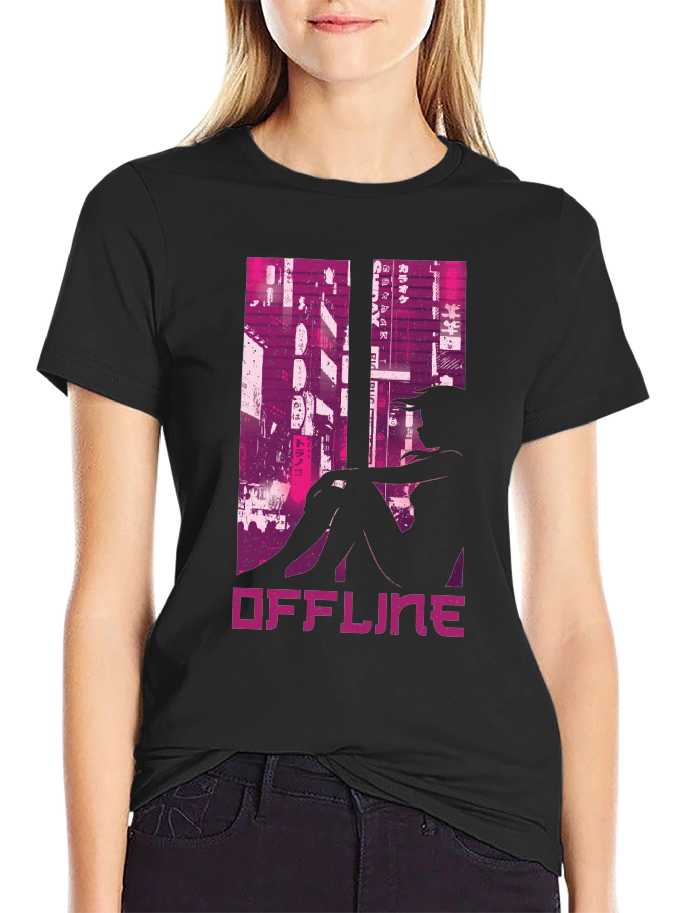 Black Offline Cyberpunk Style Graphic Tee view 2
