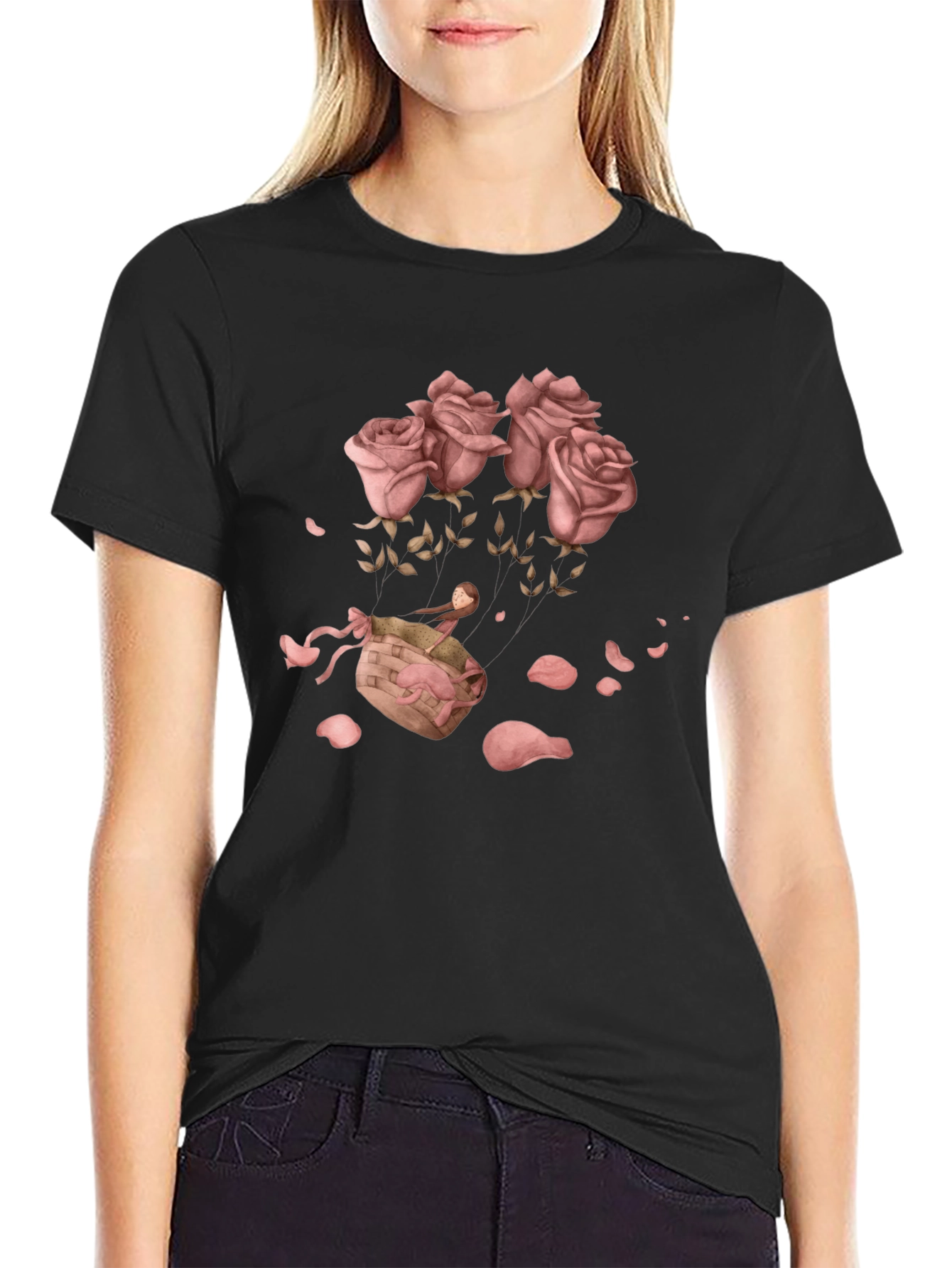 Black Floral Graphic T-Shirt - Rose Basket Design view 2