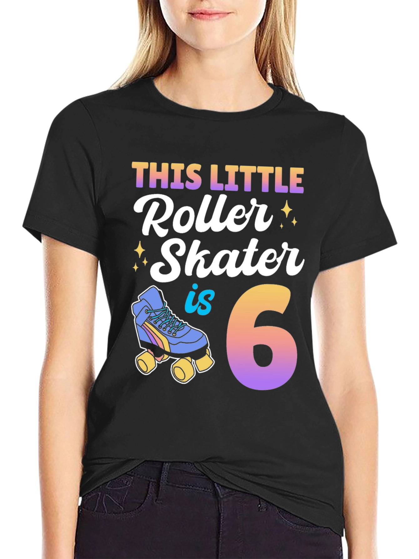 Black This Little Roller Skater is 6 Birthday Shirt view 2