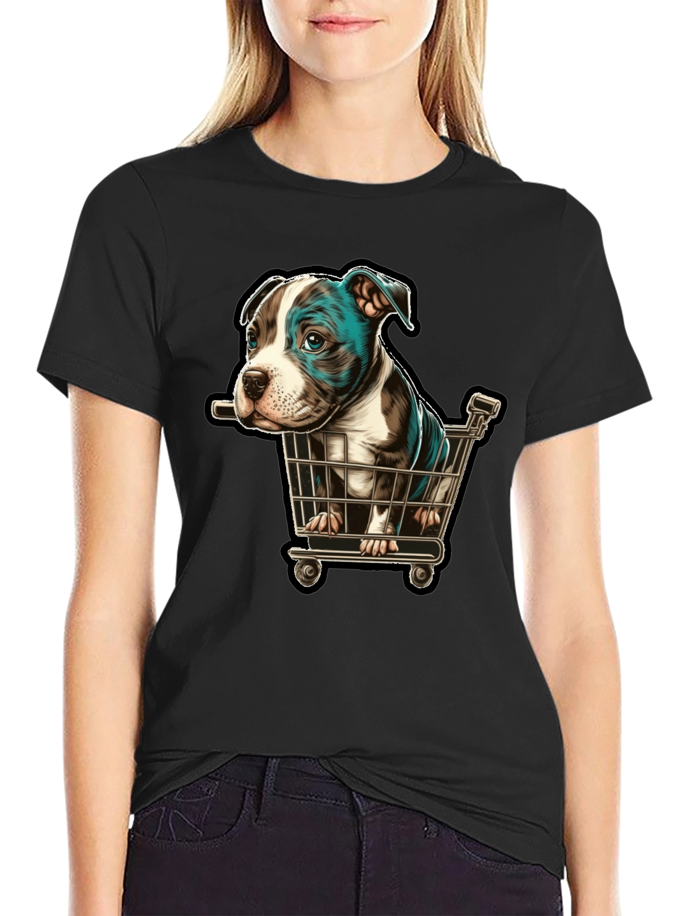 Black Puppy in Cart Graphic T-Shirt view 2