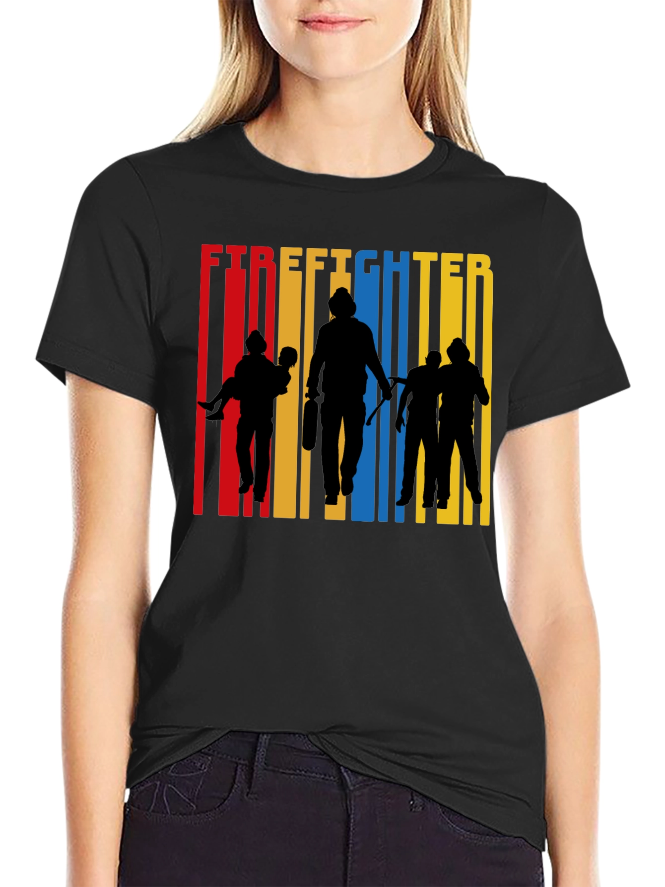 Black Firefighter Silhouette Graphic Tee - Crew Neck Cotton T-Shirt view 2